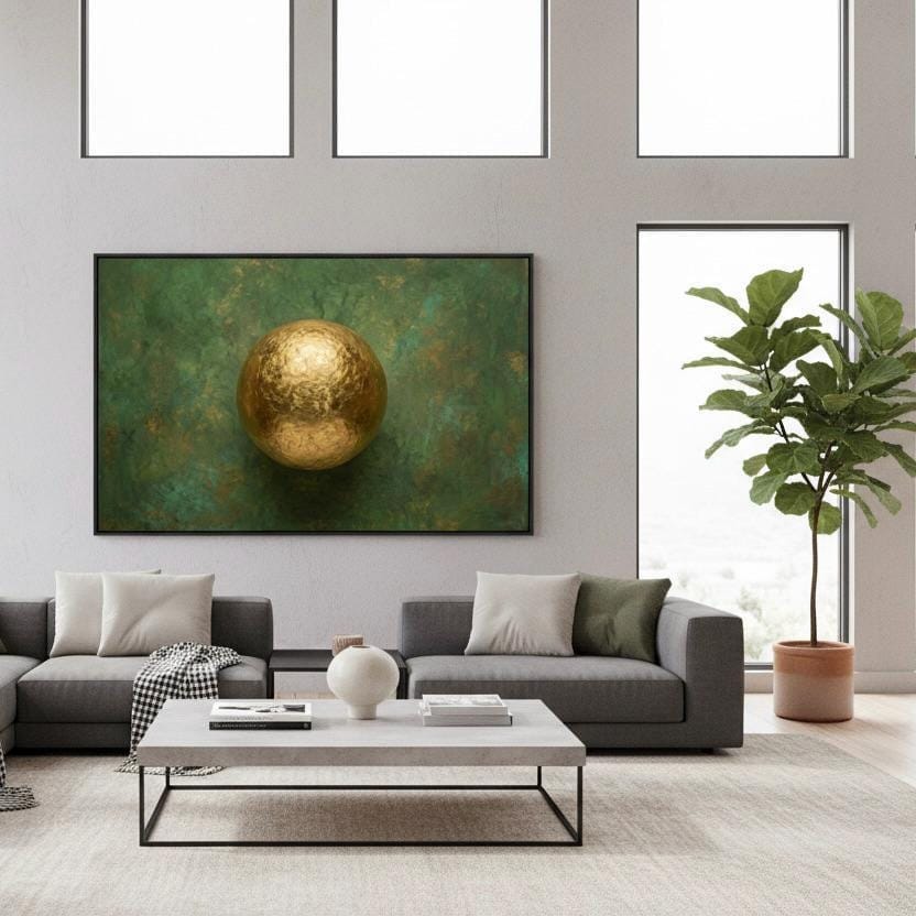 Golden Ball Green Abstract Wall Art | Modern Emerald & Gold Canvas Print | Contemporary Framed Artwork for Living Room or Office