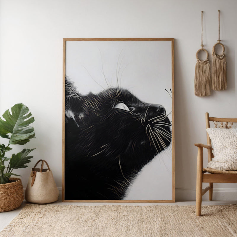 Black Cat Wall Art – Monochrome Pencil Sketch | Whimsical Cat and Butterfly Print
