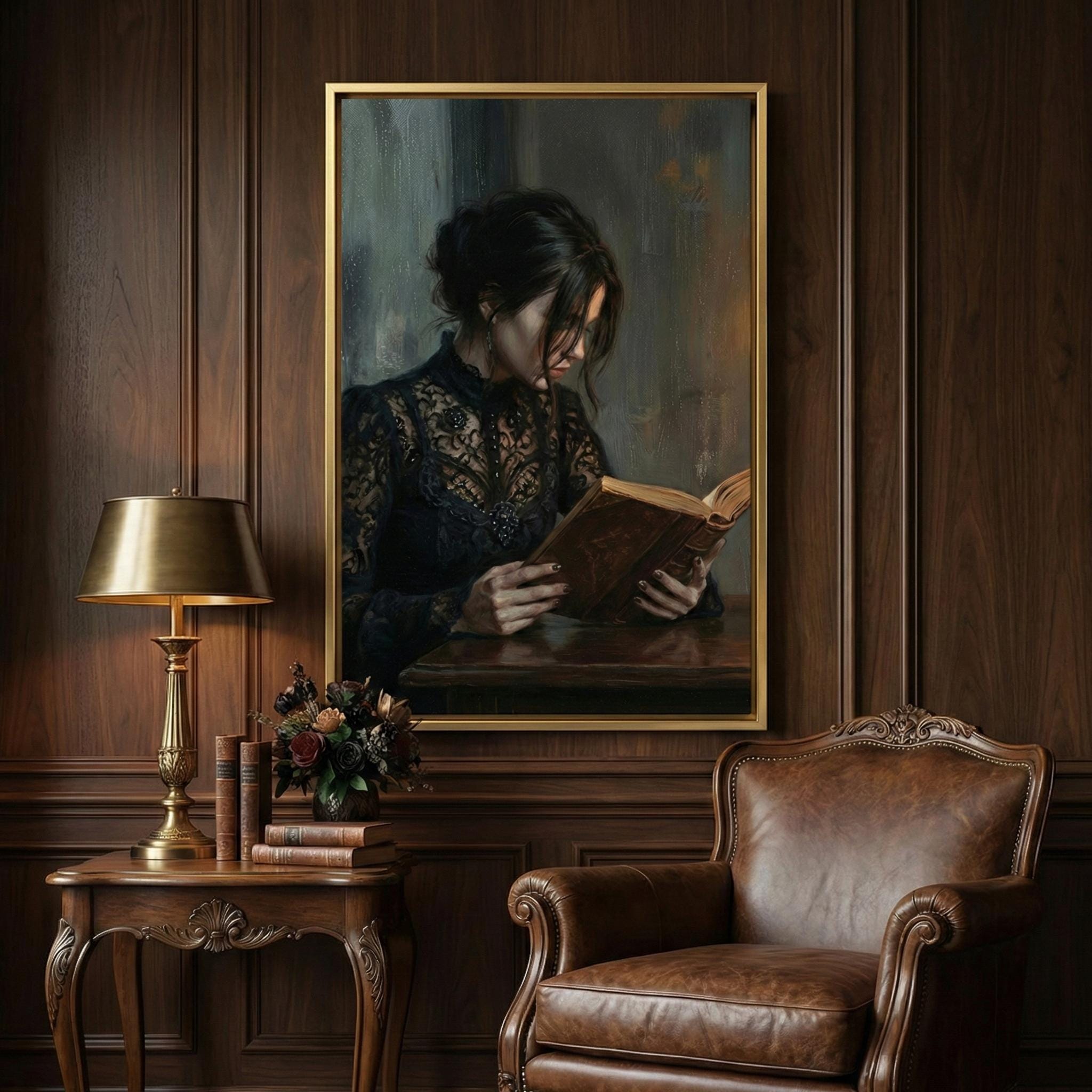 Moody Woman Reading Art - Dark Academia, Candlelit Gothic Scene