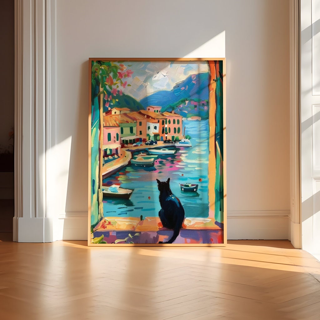 Coastal Town Wall Art: Black Cat, Vibrant Colors, Framed Canvas