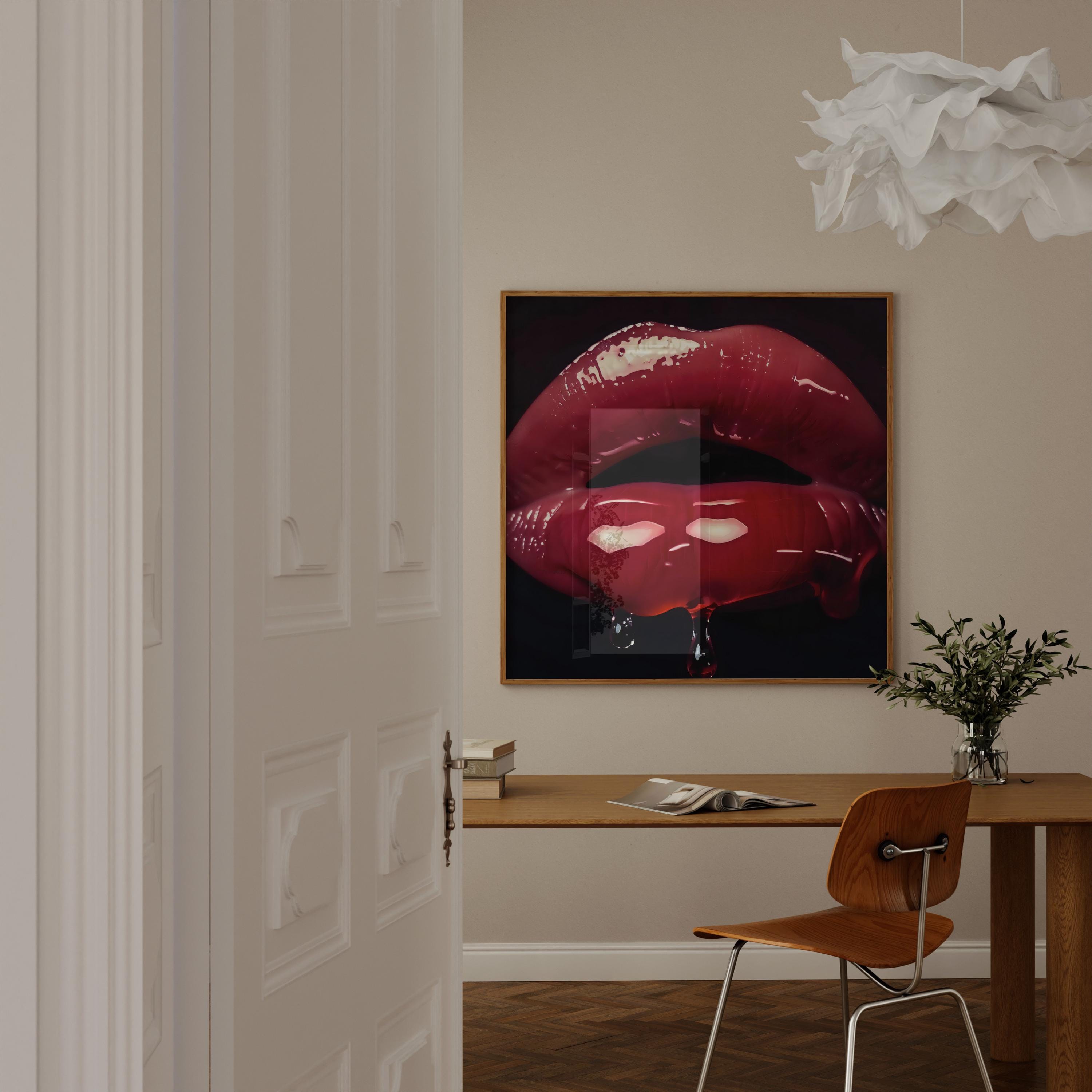 Crimson Whisper: Hyperrealistic Red Lips Art | Modern, Glamorous & Seductive Wall Decor