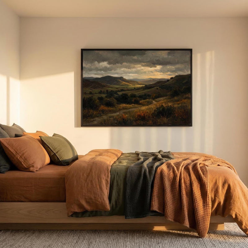 Moody Landscape Painting, Vintage Country Road Art, Rustic Farmhouse Wall Decor, Valley Print