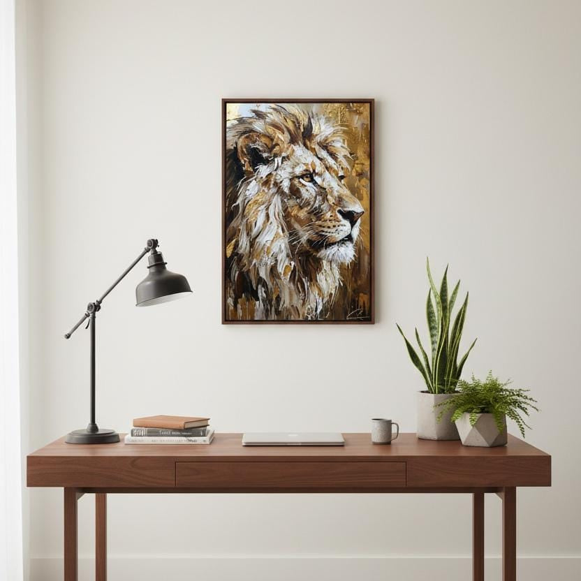 a wooden desk with a lamp, a framed painting of a lion's head, and a plant on the desk.
