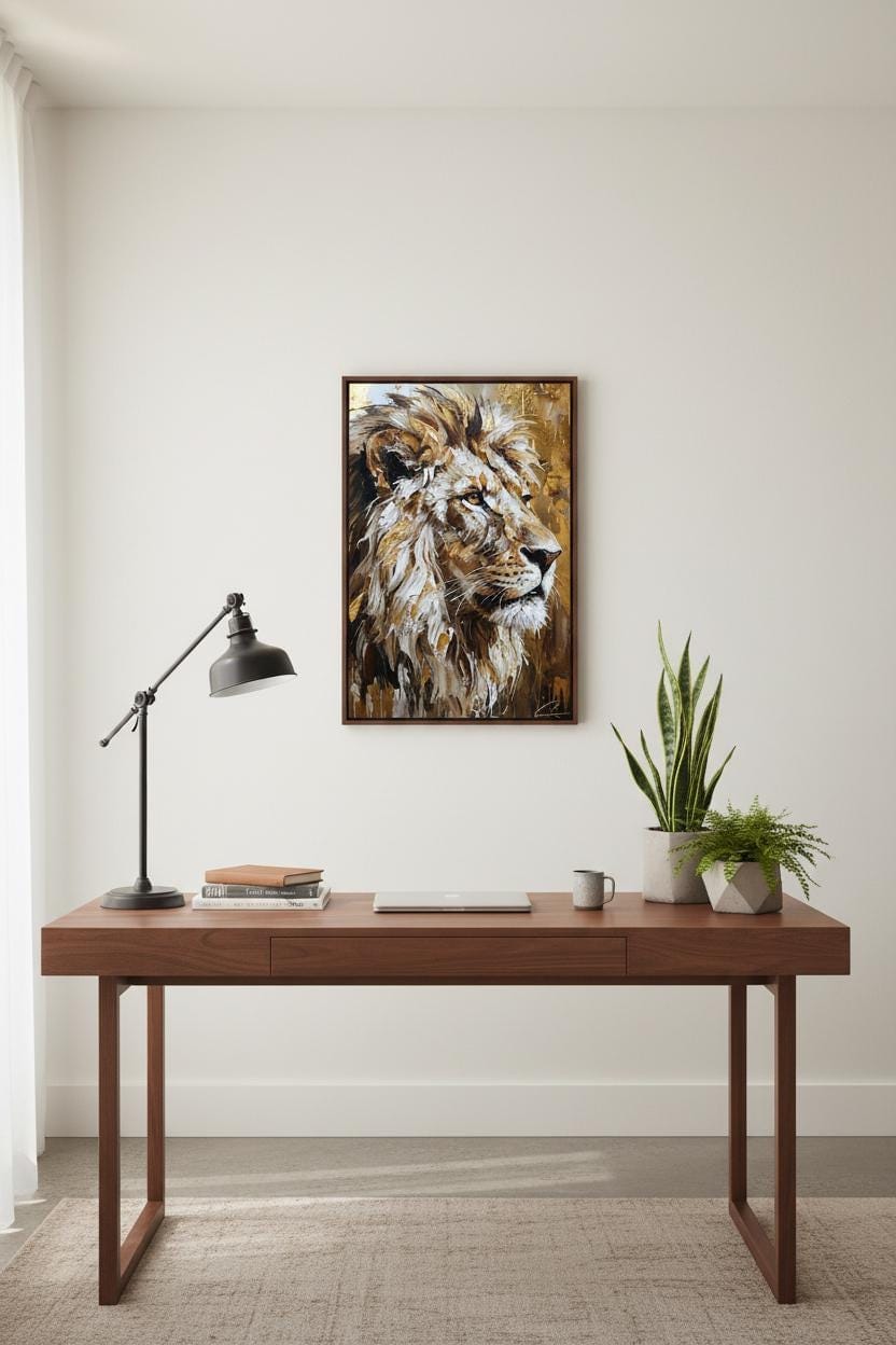 a wooden desk with a lamp, a framed painting of a lion's head, and a plant on the desk.