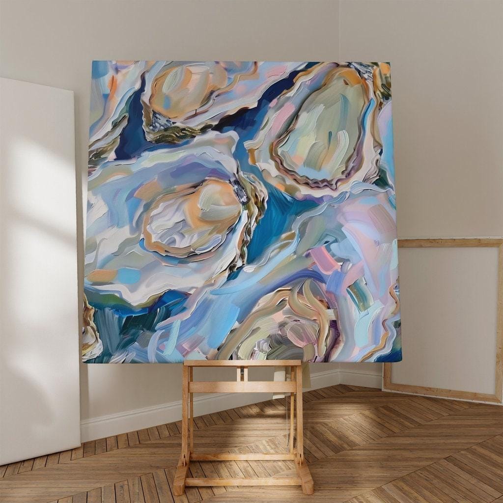Oyster Delight Coastal Painting, Vibrant Blue (Canvas or Matte Print)