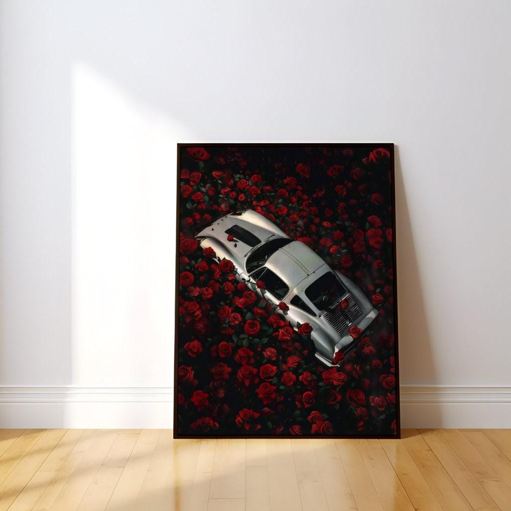 The Last Love Affair: Moody Vintage Car & Red Roses Art | Dark, Romantic & Cinematic Decor