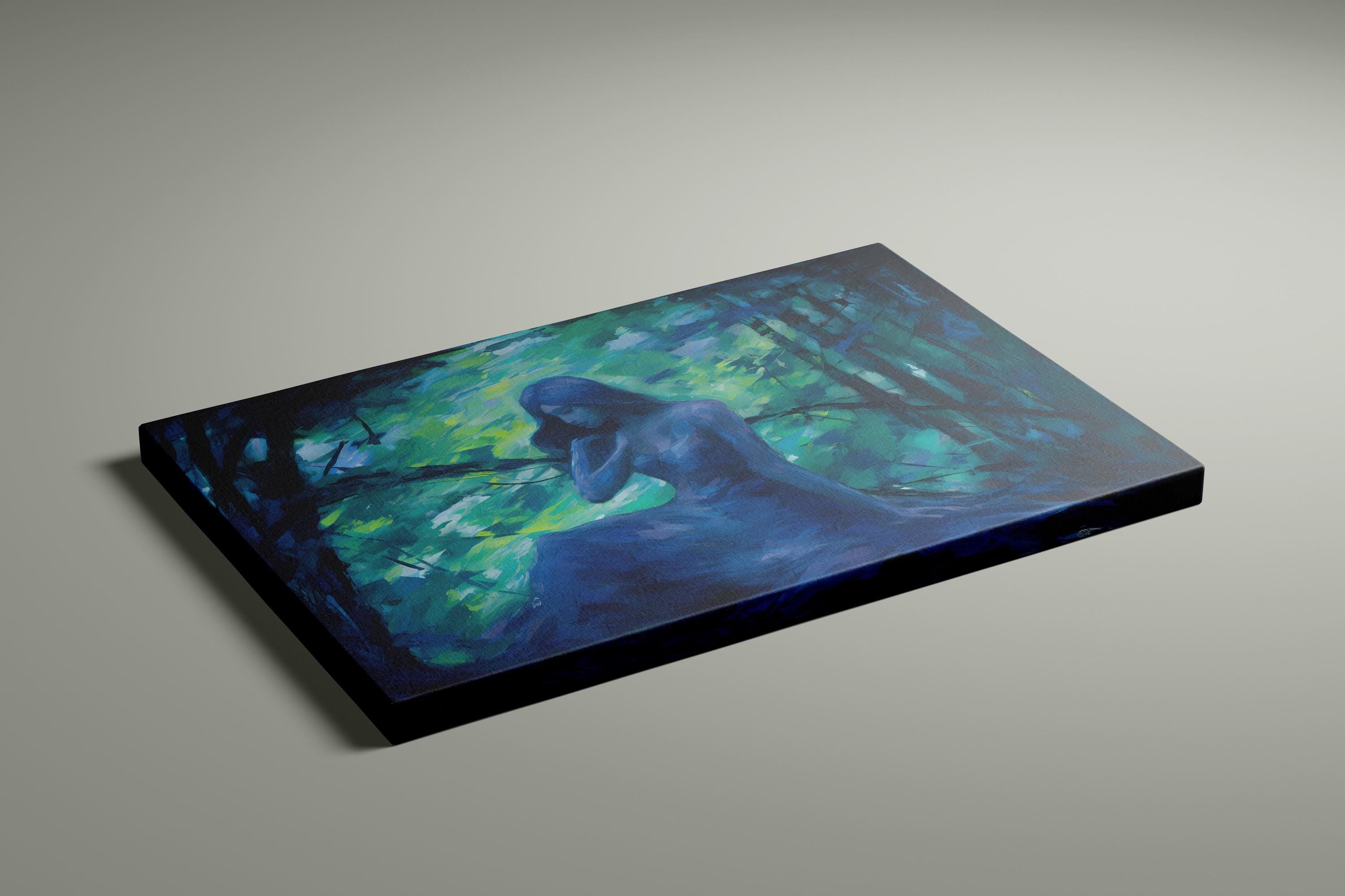 Emerald Forest Whispers: Mystical Impressionist Art Print | Ethereal Blue & Green Framed Wall Decor