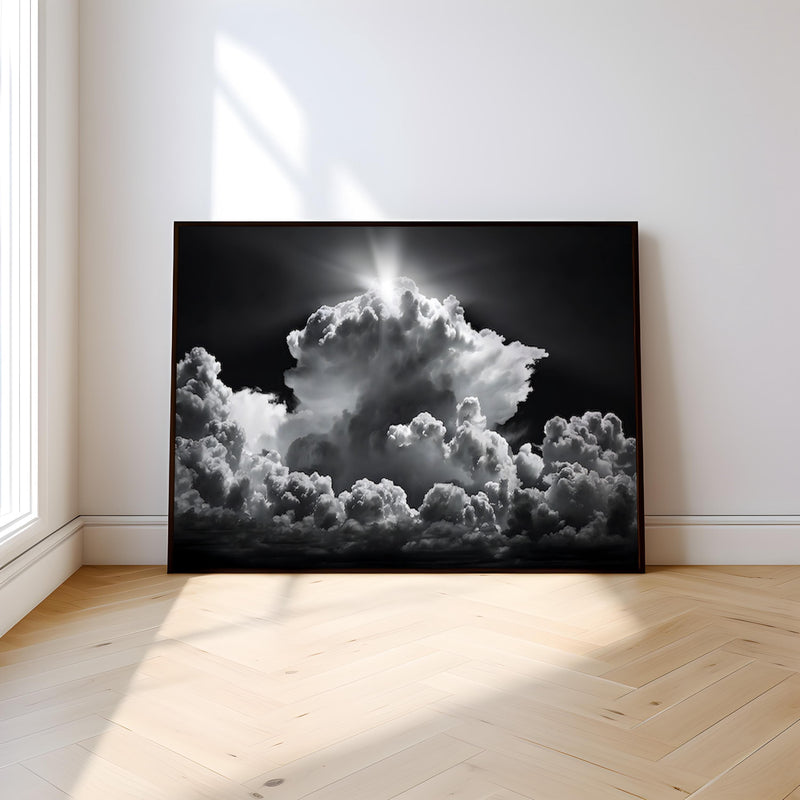 Black and White Cloudscape – Dramatic Cloud Art Framed Canvas Print for Living Room