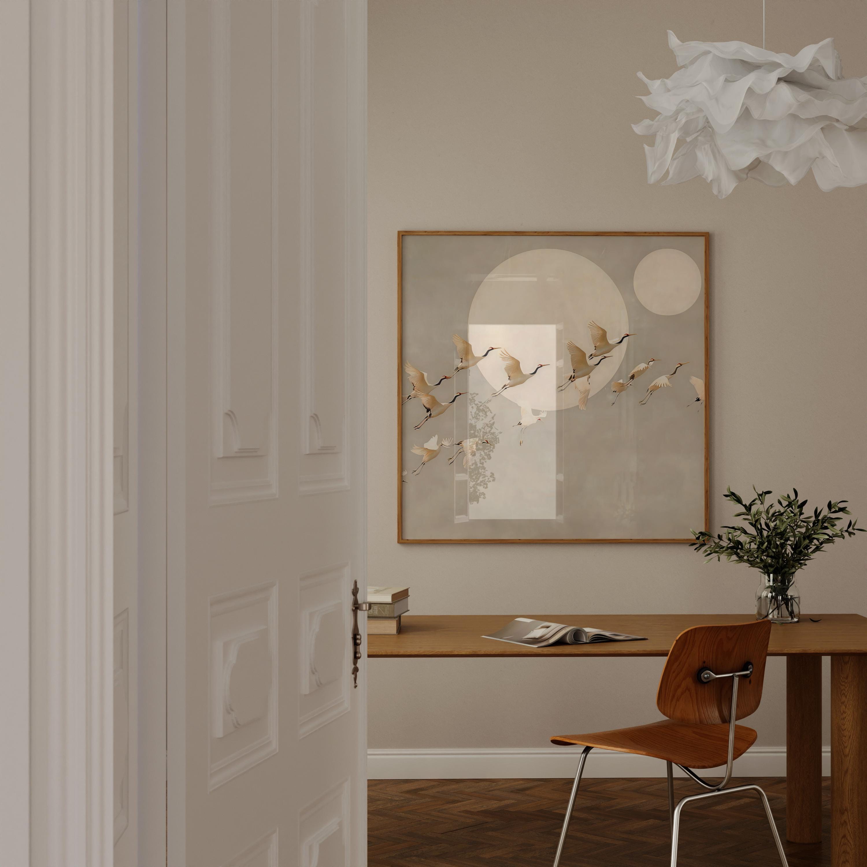 Moonlit Cranes: Serene Japanese Inspired Art | Ethereal Crane & Moon Wall Decor