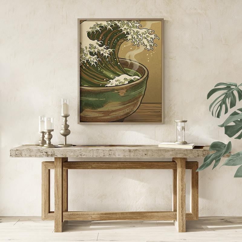 Great Wave Tea Cup Art - Surreal Matcha Print in Sea Foam Green