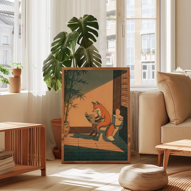 Bathroom Wall Art: Humorous Red Fox on Toilet - Ukiyo-e Style Print