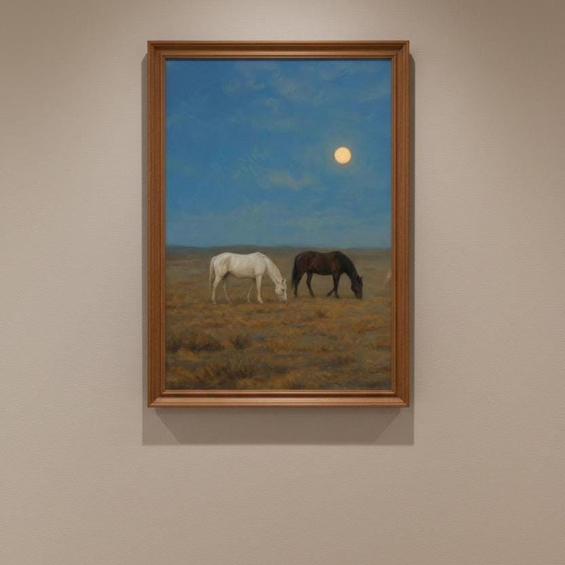 Horse Wall Art Print: Serene Full Moon Scene - Rustic Farmhouse Style