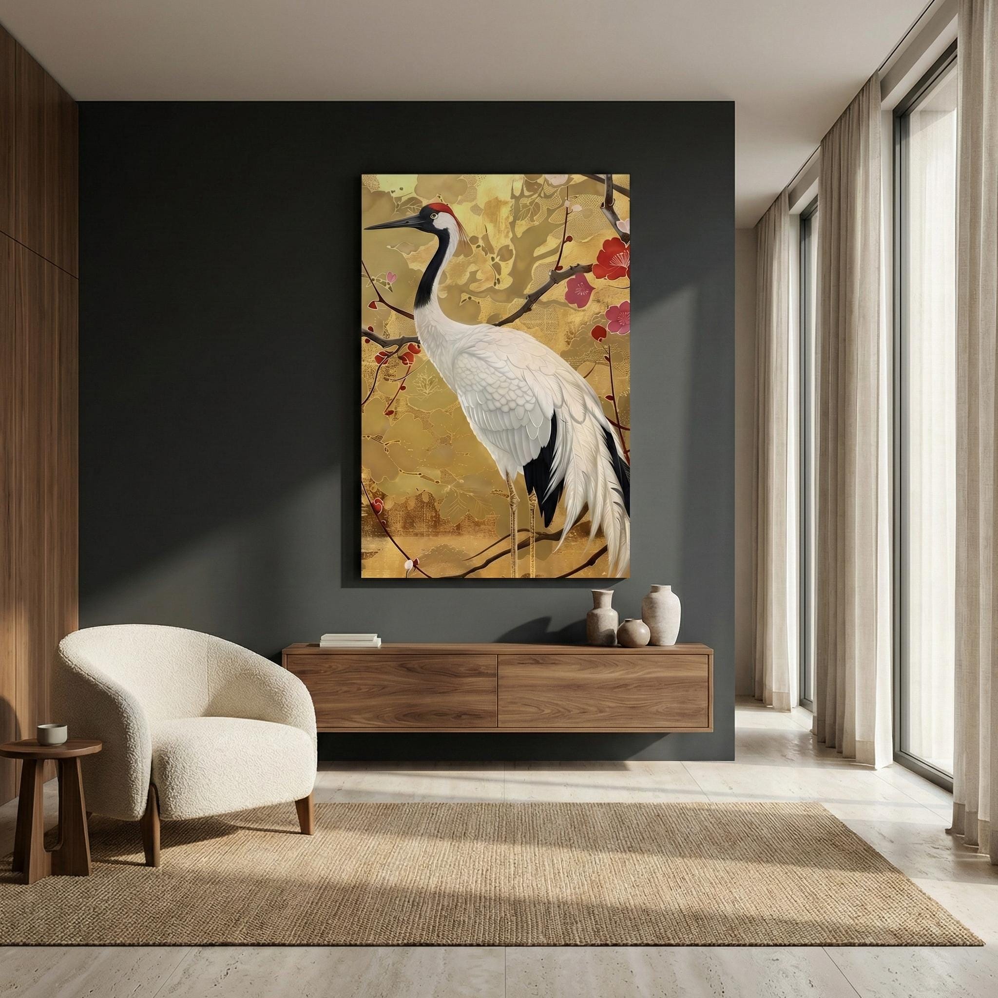 Graceful Crane Wall Art: Vibrant Floral Canvas with QR Code