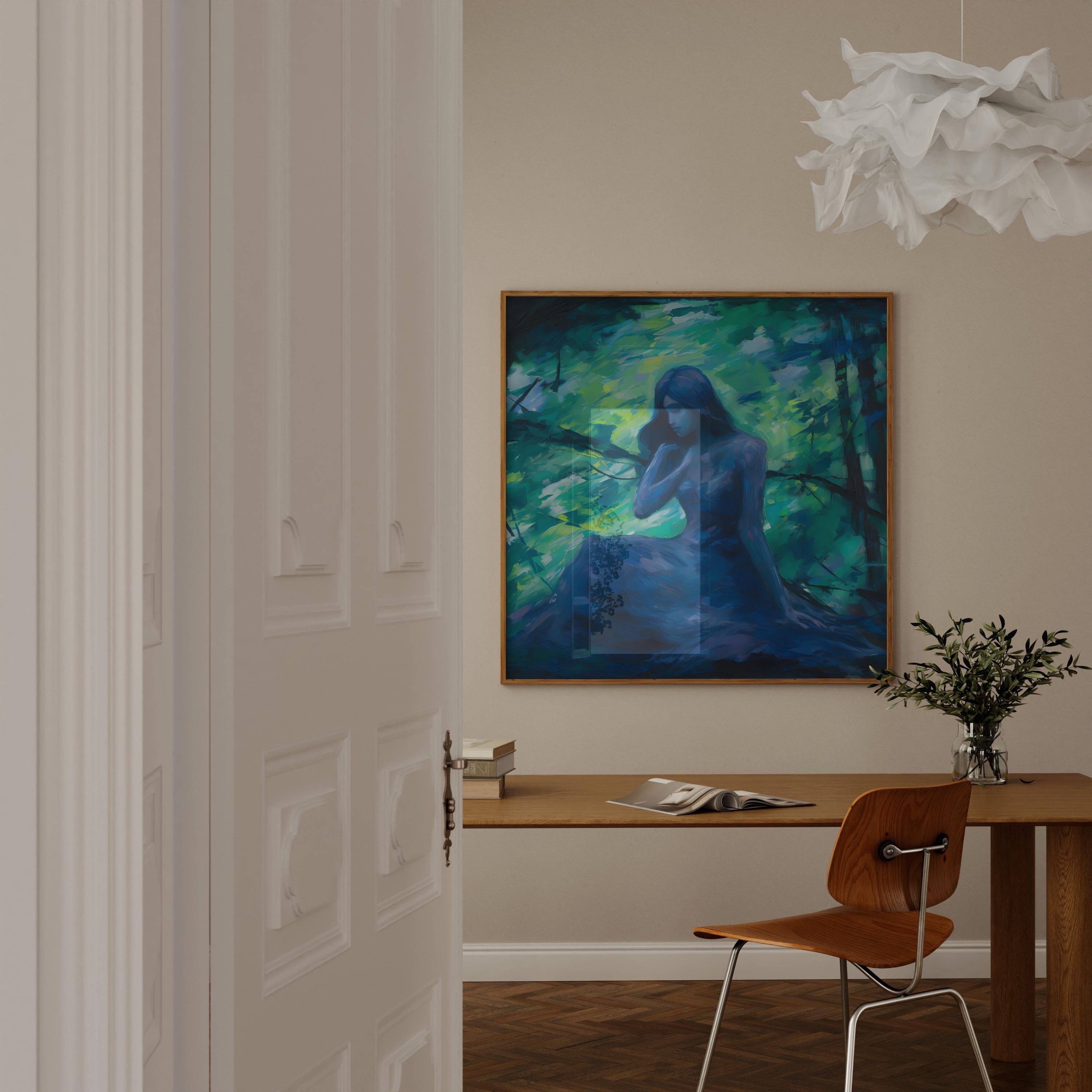 Emerald Forest Whispers: Mystical Impressionist Art Print | Ethereal Blue & Green Framed Wall Decor