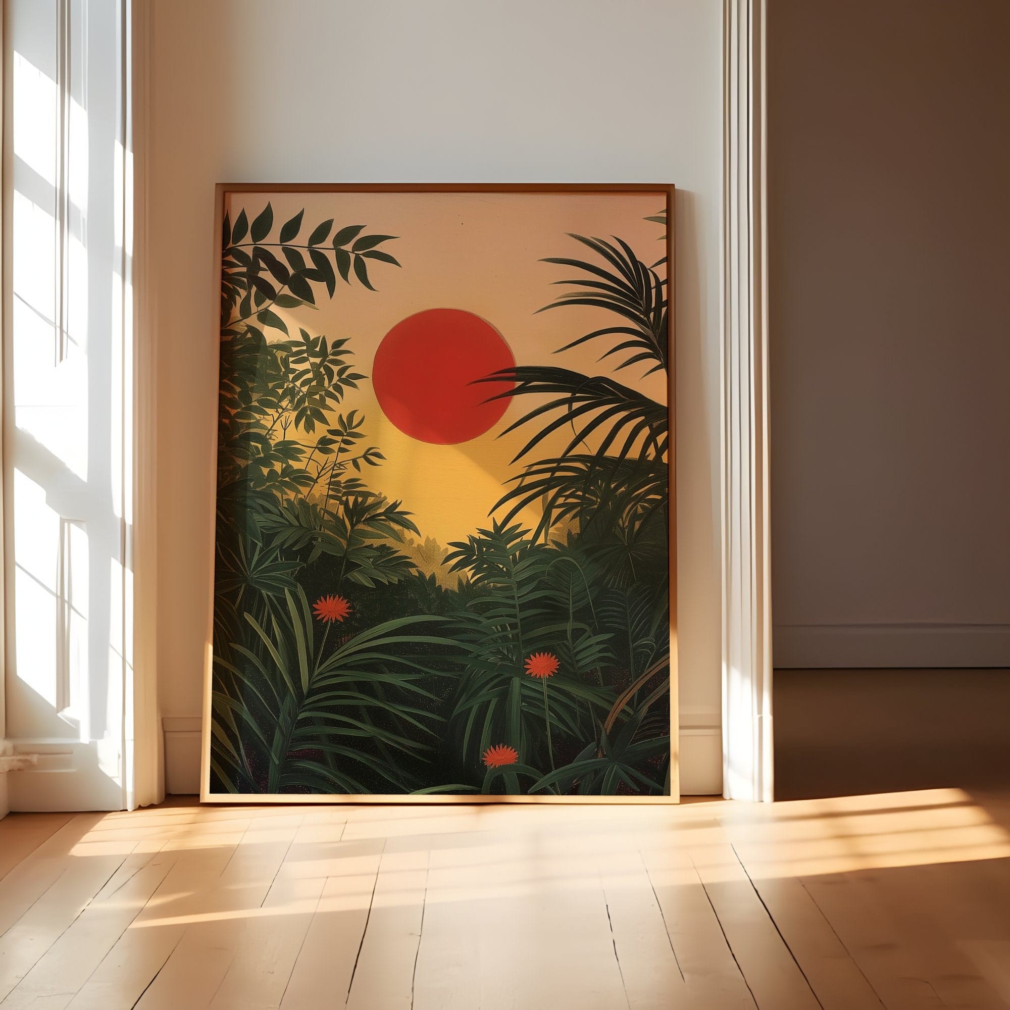 Tropical Forest Wall Art: Henri Rousseau Inspired Red Sun Sunrise