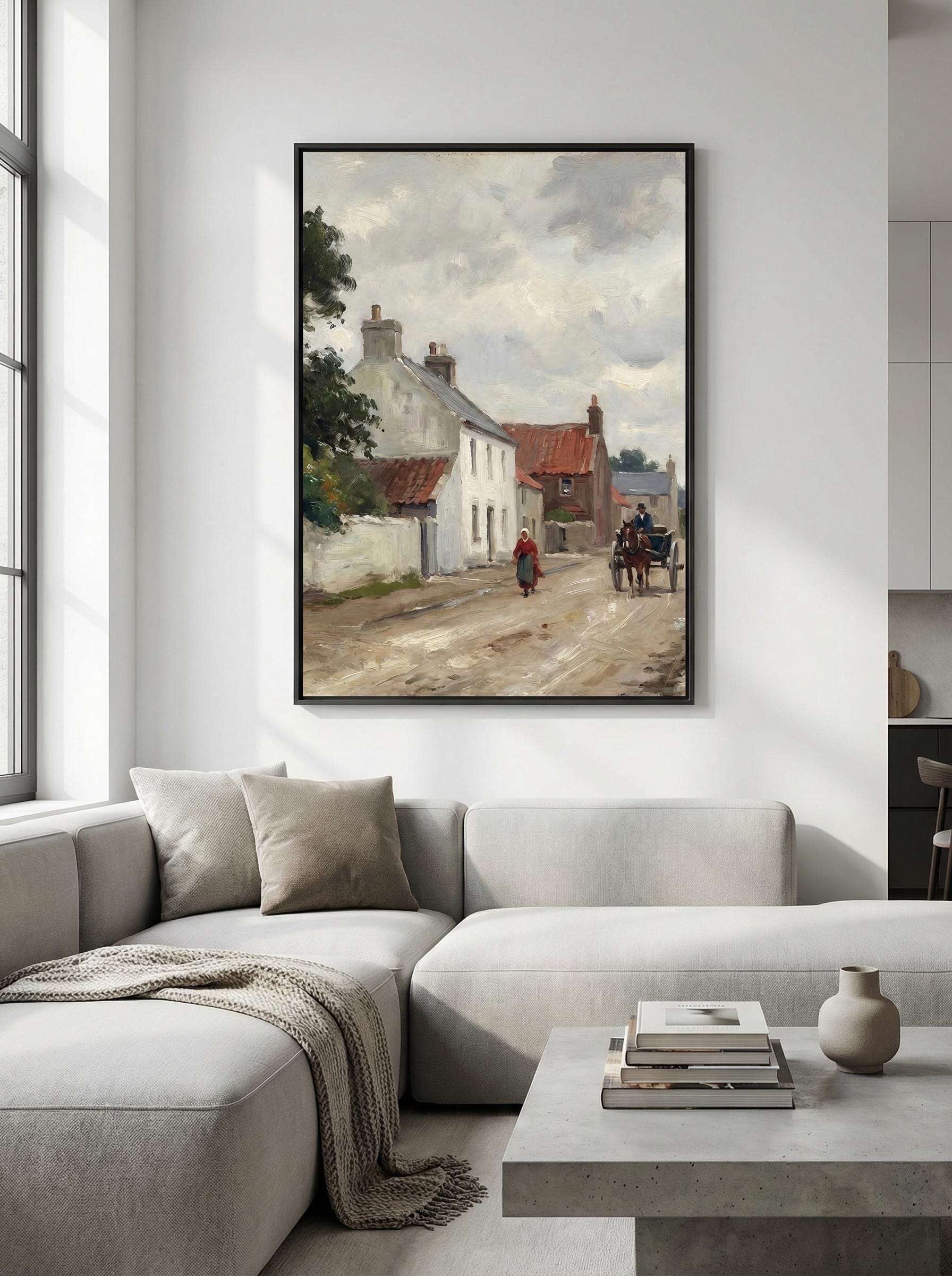 Vintage European Village Painting French Country Street Scene Art Rustic Farmhouse Landscape Print