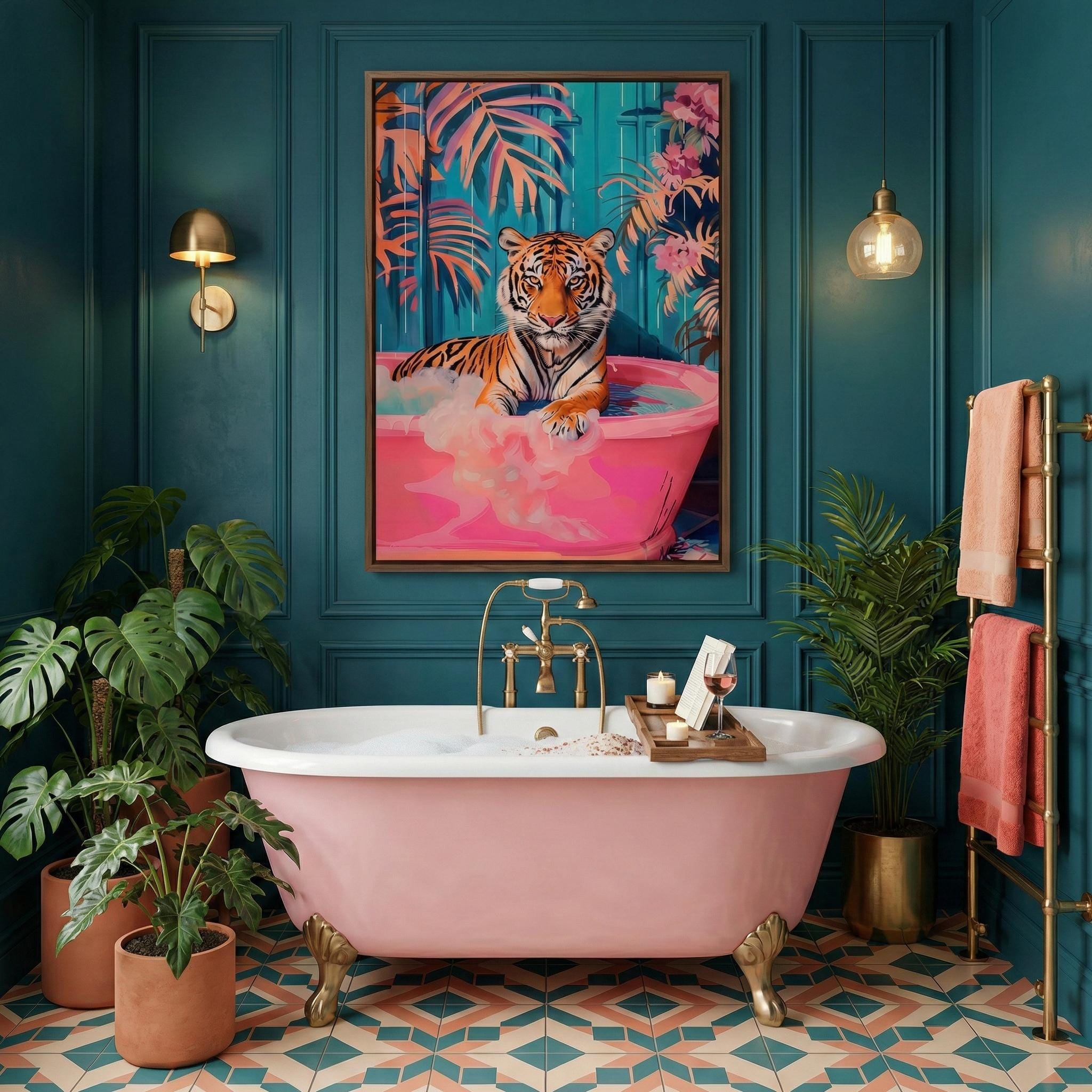 Chic Tiger Wall Art: Pink Bathtub, Maximalist Bathroom Decor