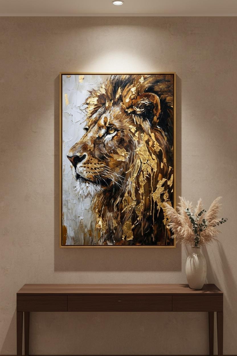 a large painting of a lion's face hanging on a wall above a wooden console table.