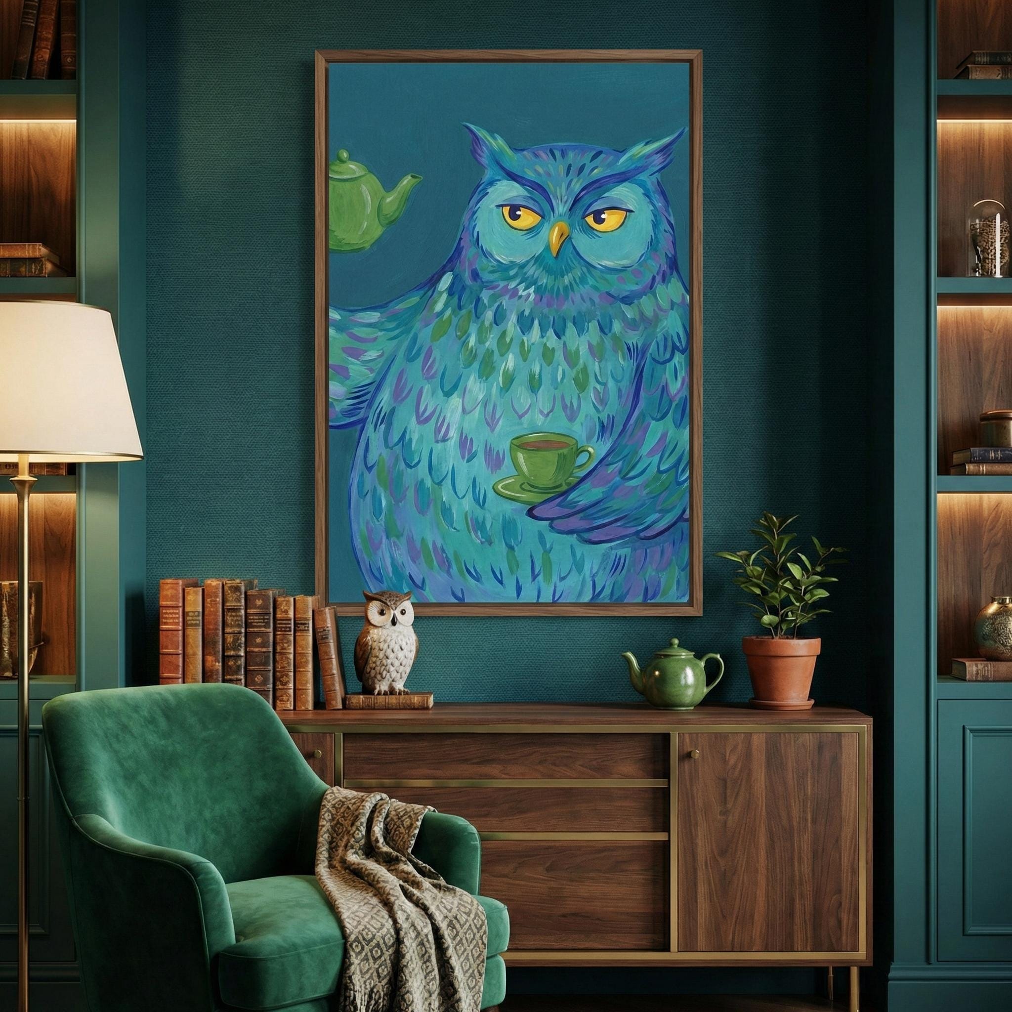 Funny Blue Owl Art Print: Whimsical Tea Time Kitchen Decor