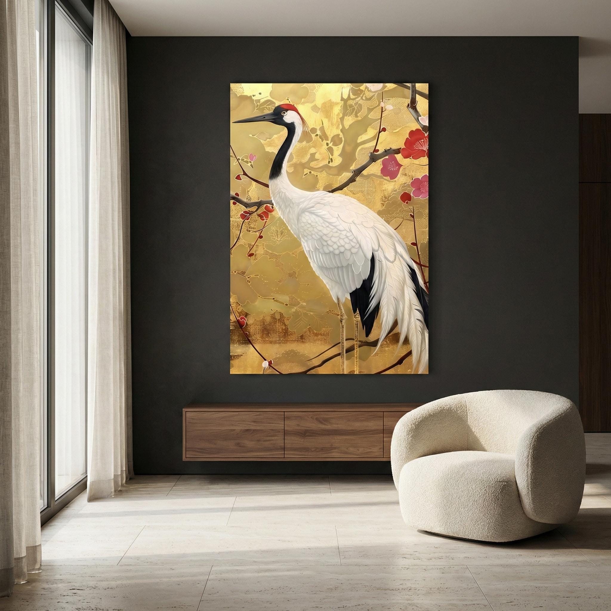 Graceful Crane Wall Art: Vibrant Floral Canvas with QR Code