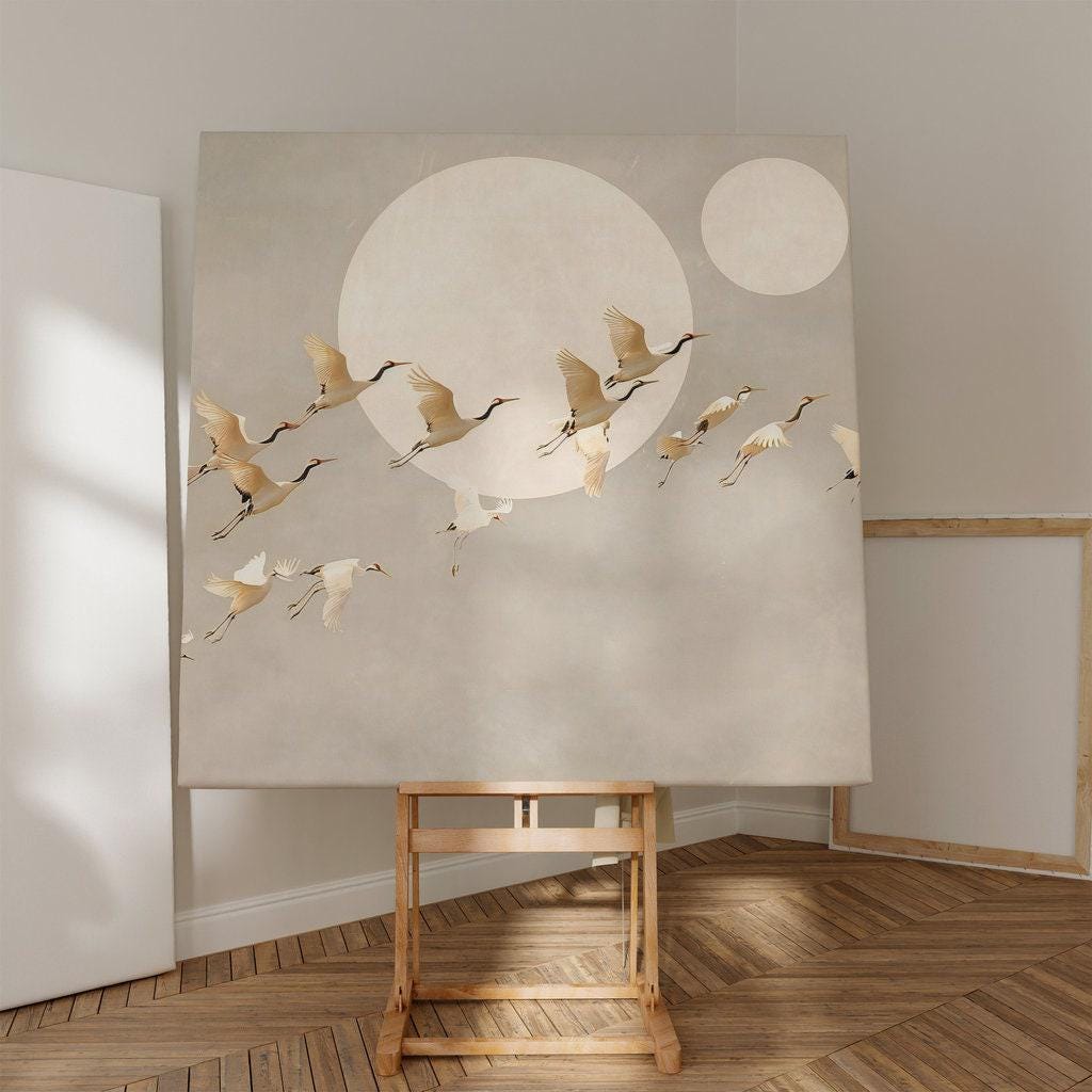 Moonlit Cranes: Serene Japanese Inspired Art | Ethereal Crane & Moon Wall Decor