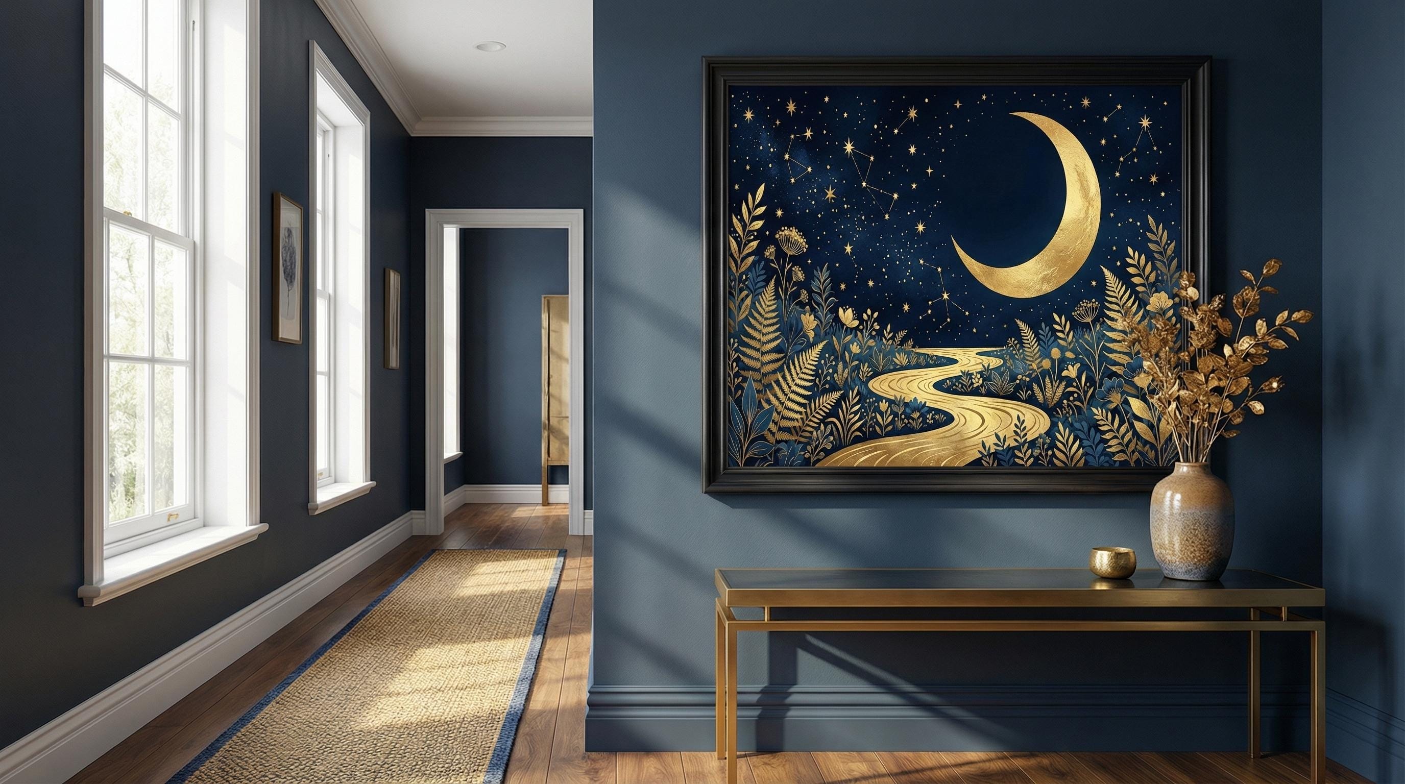 Wall Art Print: Golden Moon and Blue River - Abstract Design