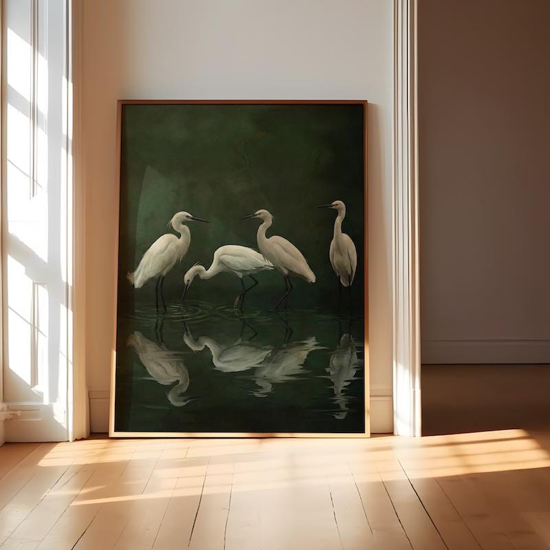 Nature Canvas Art, White Egret and Heron, Moody Green Swamp (Framed or Rolled)