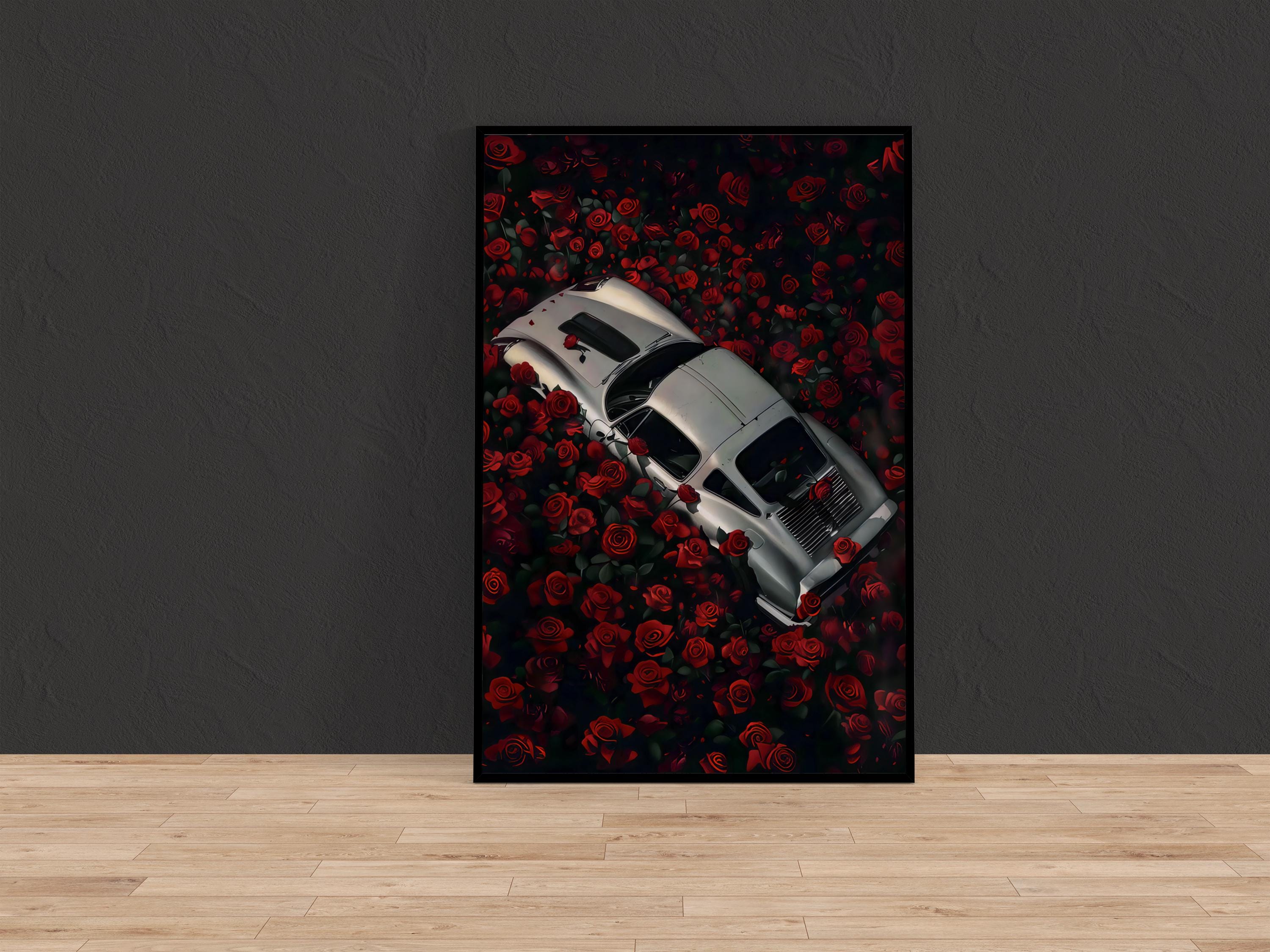 The Last Love Affair: Moody Vintage Car & Red Roses Art | Dark, Romantic & Cinematic Decor