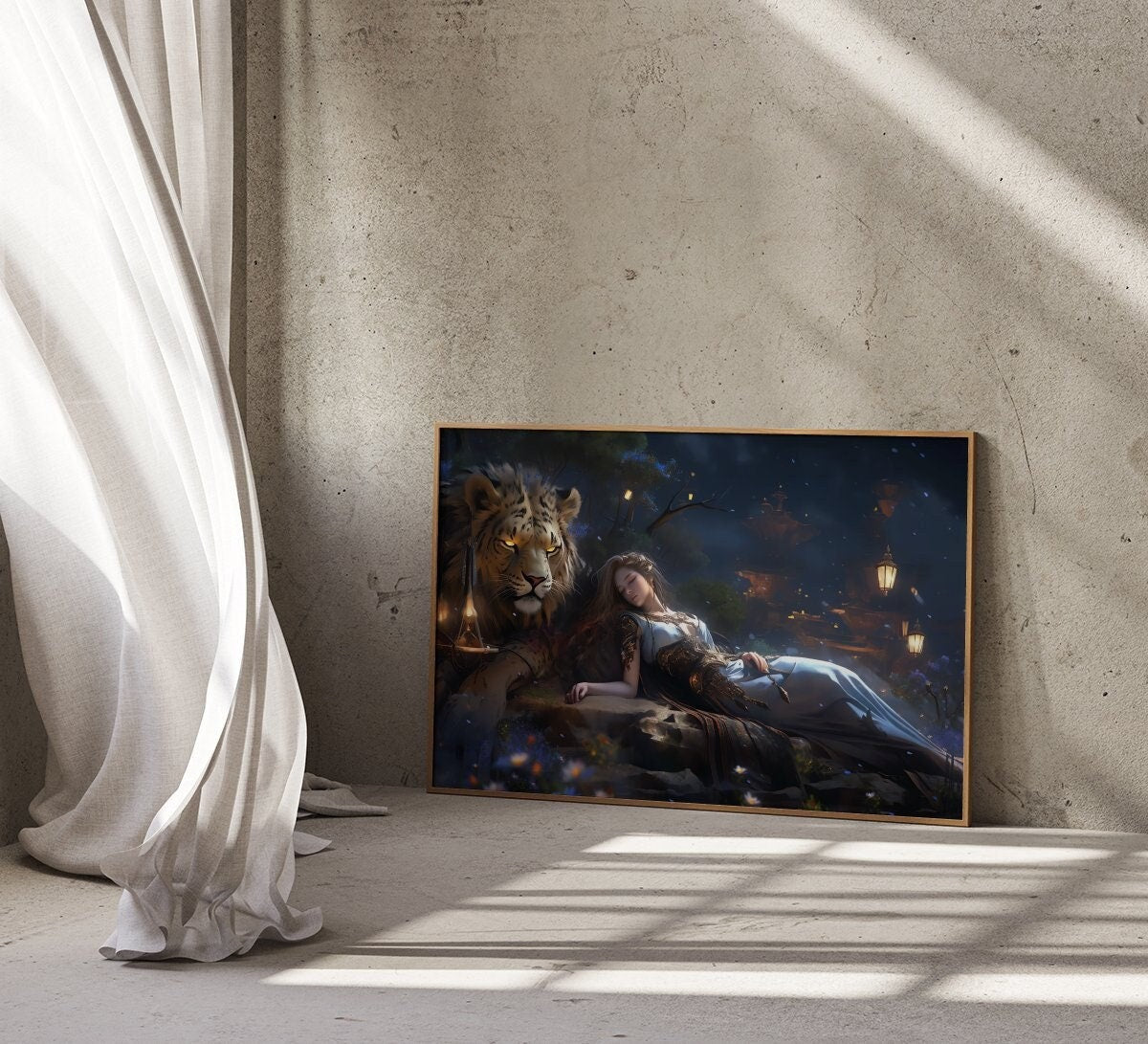The Dream Guardian: Surreal Lion & Sleeping Woman Art | Mystical & Serene Wall Decor