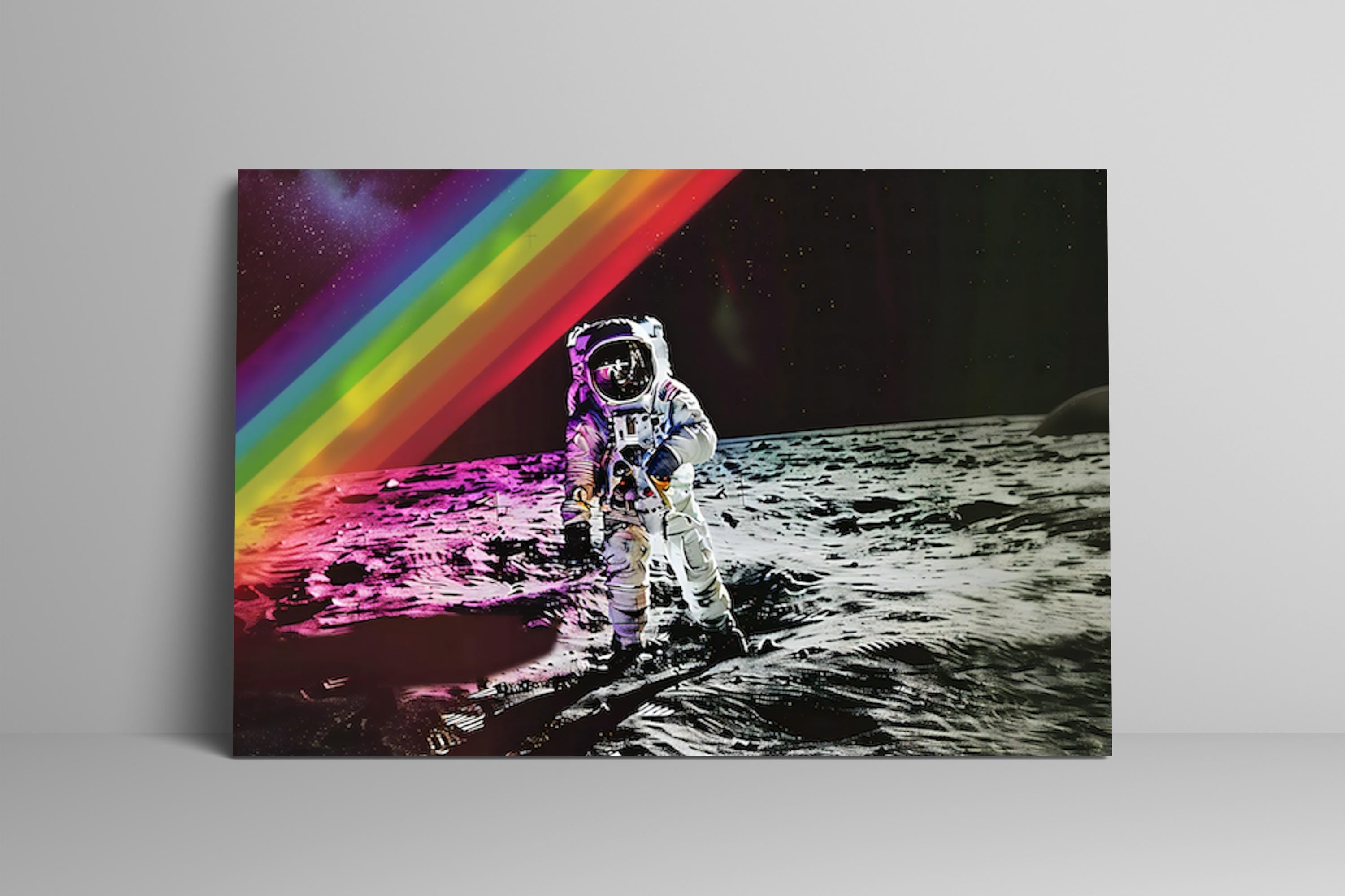 Lunar Dream: Astronaut on the Moon with Rainbow Sky | Surreal & Cinematic Space Art