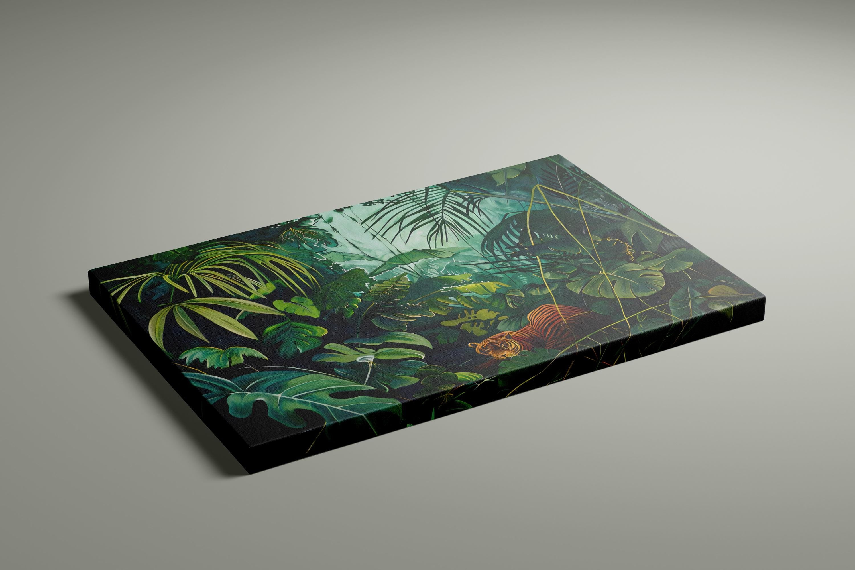 Jungle Serenity: Majestic Tiger Resting in Tropical Art | Green Wildlife Decor