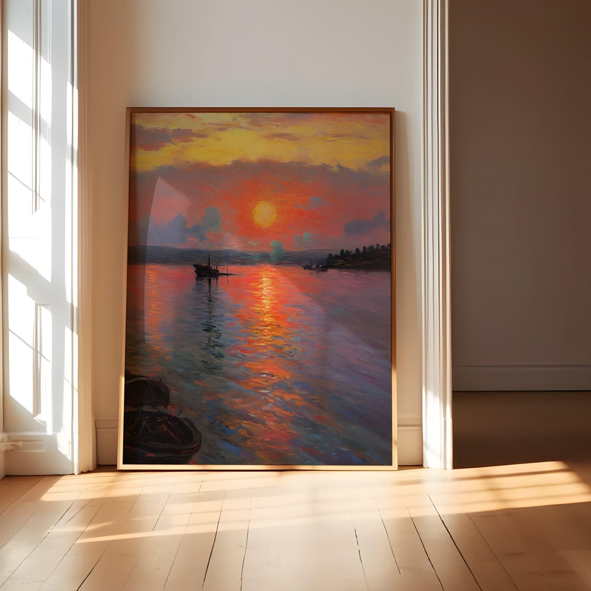 Impressionist Sunset Canvas, Minimalist Lake View (Multiple Sizes)