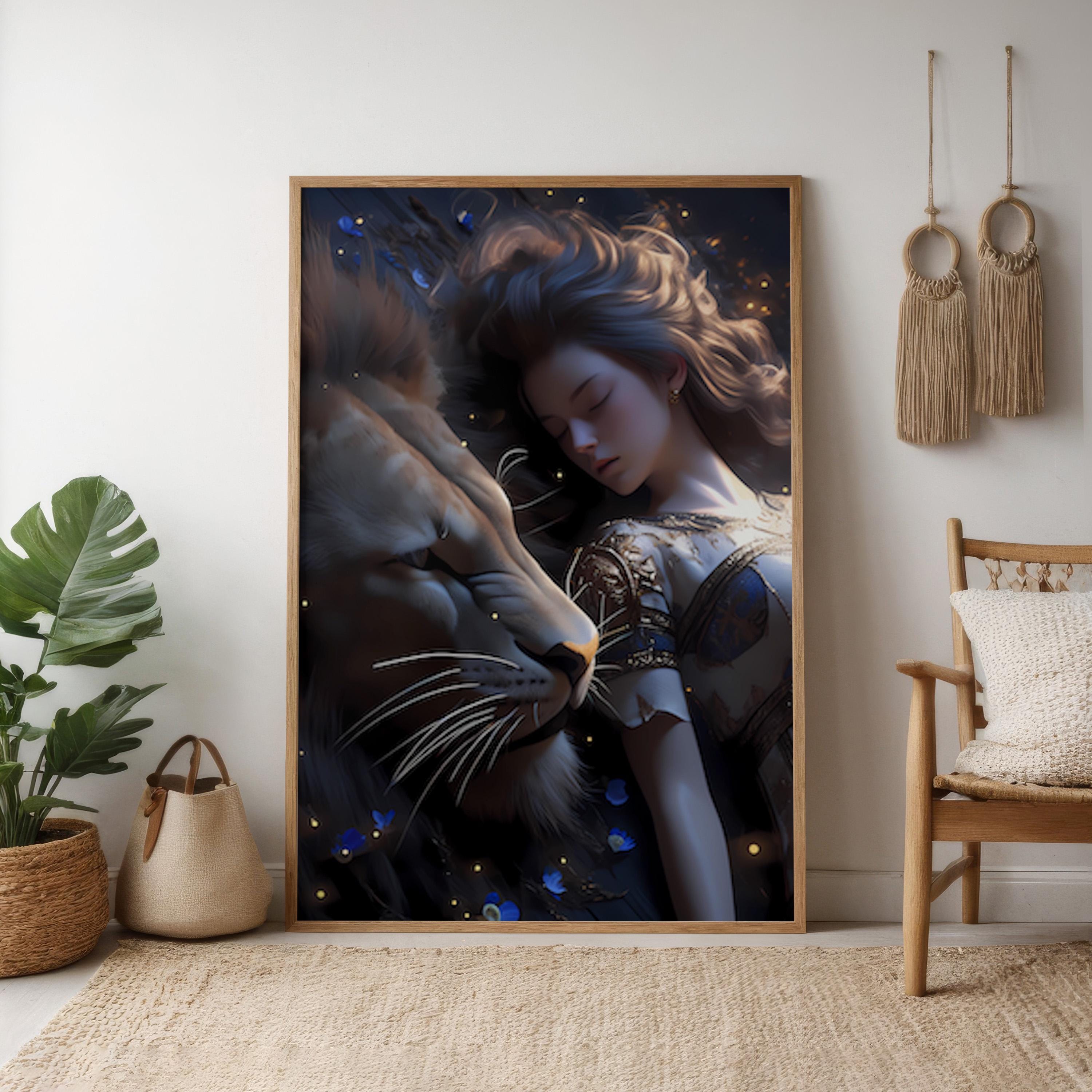 The Moonlit Guardian: Surreal Lion and Woman Art | Mystical & Serene Dreamscape Decor