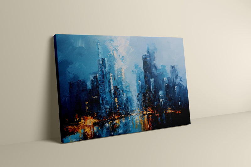 Abstract Cityscape Art – Blue and Gold Urban Wall Art | Hand-Painted Impressionist Cityscape