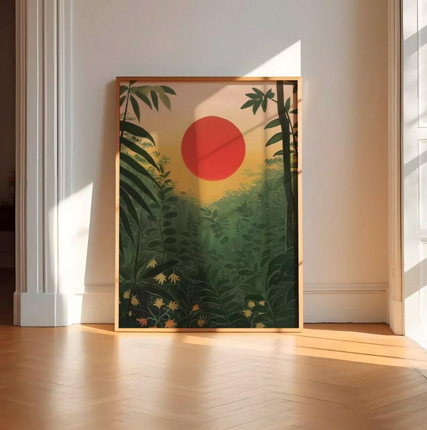 Tropical Forest Print: Red Sun Sunrise Landscape (Canvas or Framed)
