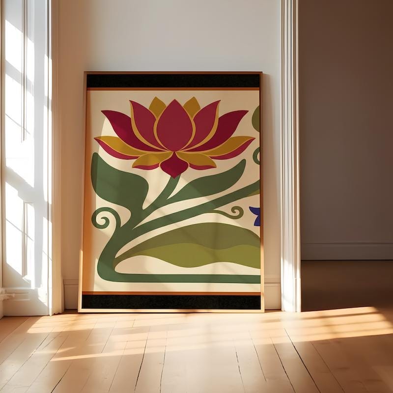Floral Wall Art Print: Red Lotus and Bluebell - Arts & Crafts Style