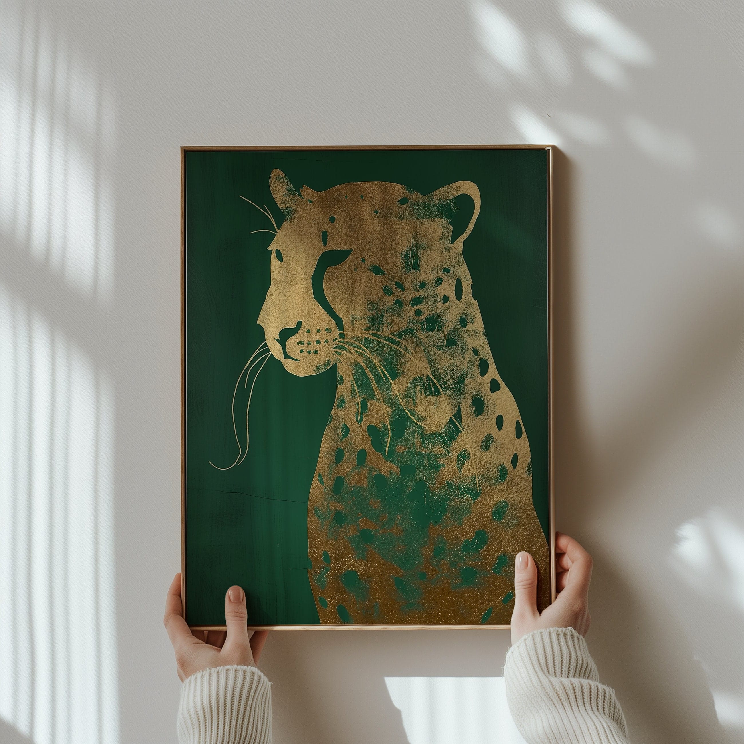 Emerald Green Leopard Canvas, Gold Accents (Ready to Hang)