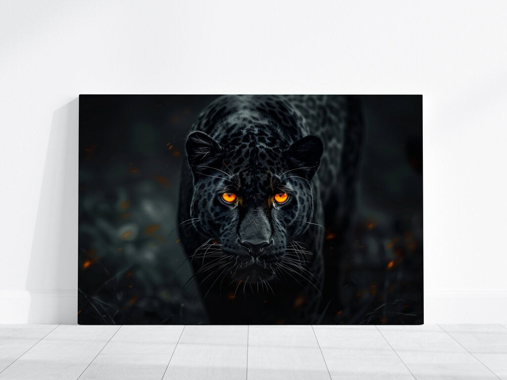 The Midnight Hunter: Black Panther with Orange Eyes Art | Moody & Powerful Wildlife Decor