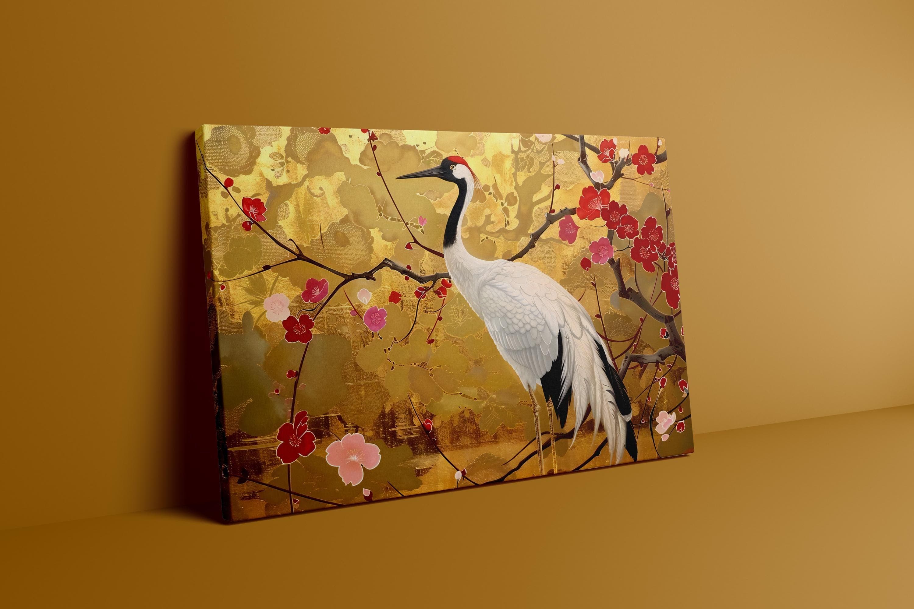 Graceful Crane Wall Art: Vibrant Floral Canvas with QR Code