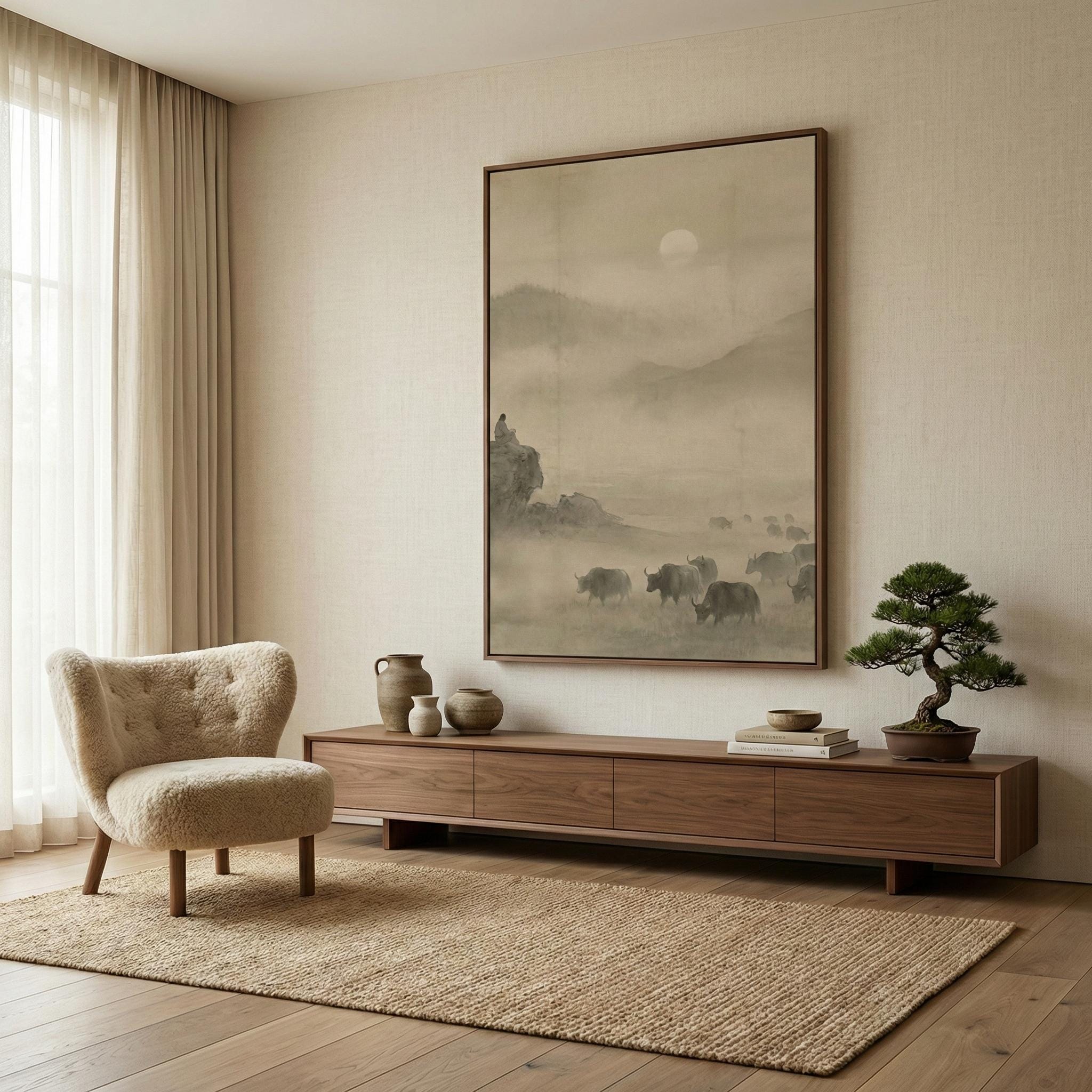 Misty Mountain Landscape: Zen Ink Wash Art (Sepia Tone)