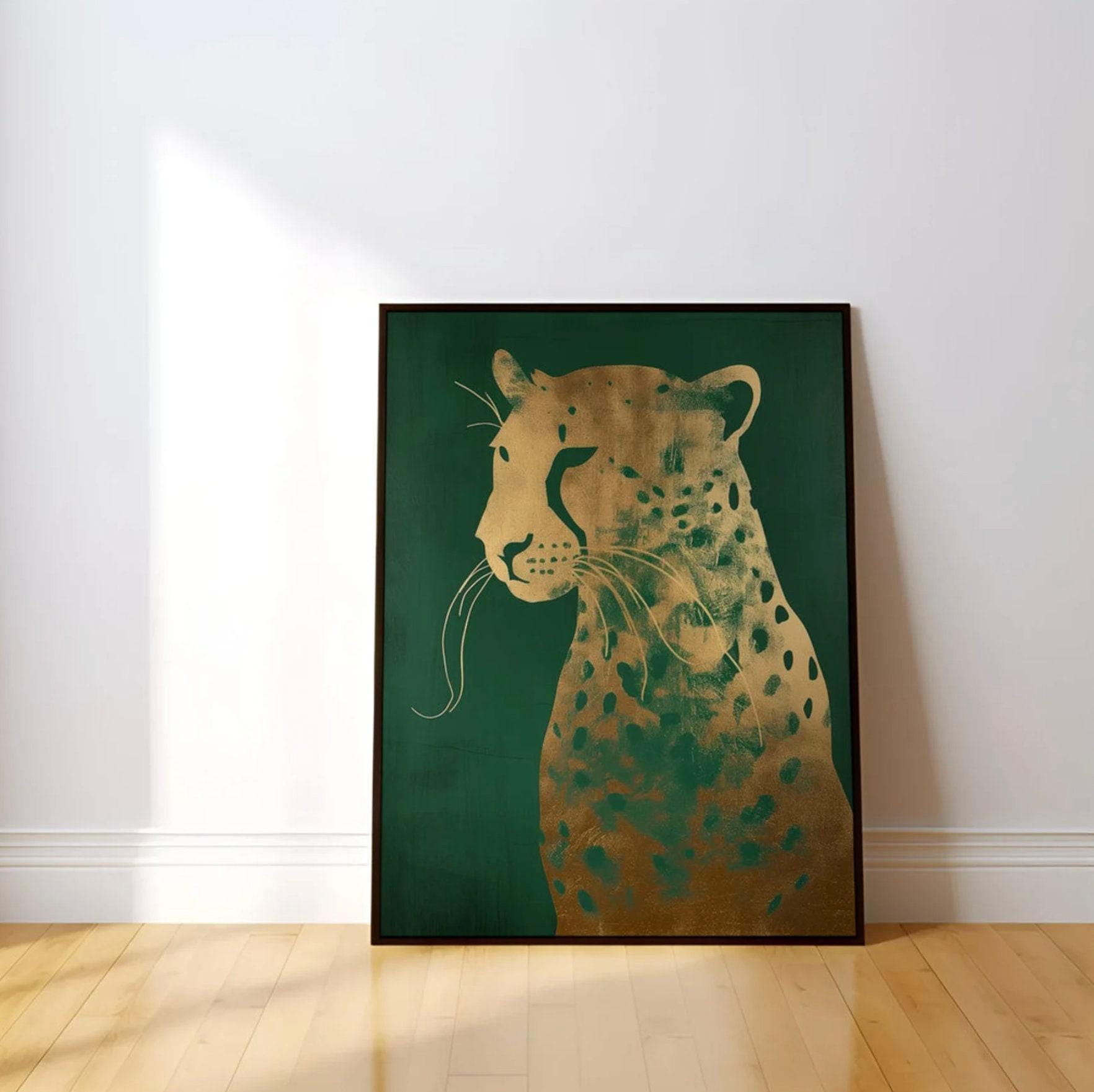 Green and Gold Leopard Art: Maximalist Emerald Wall Decor