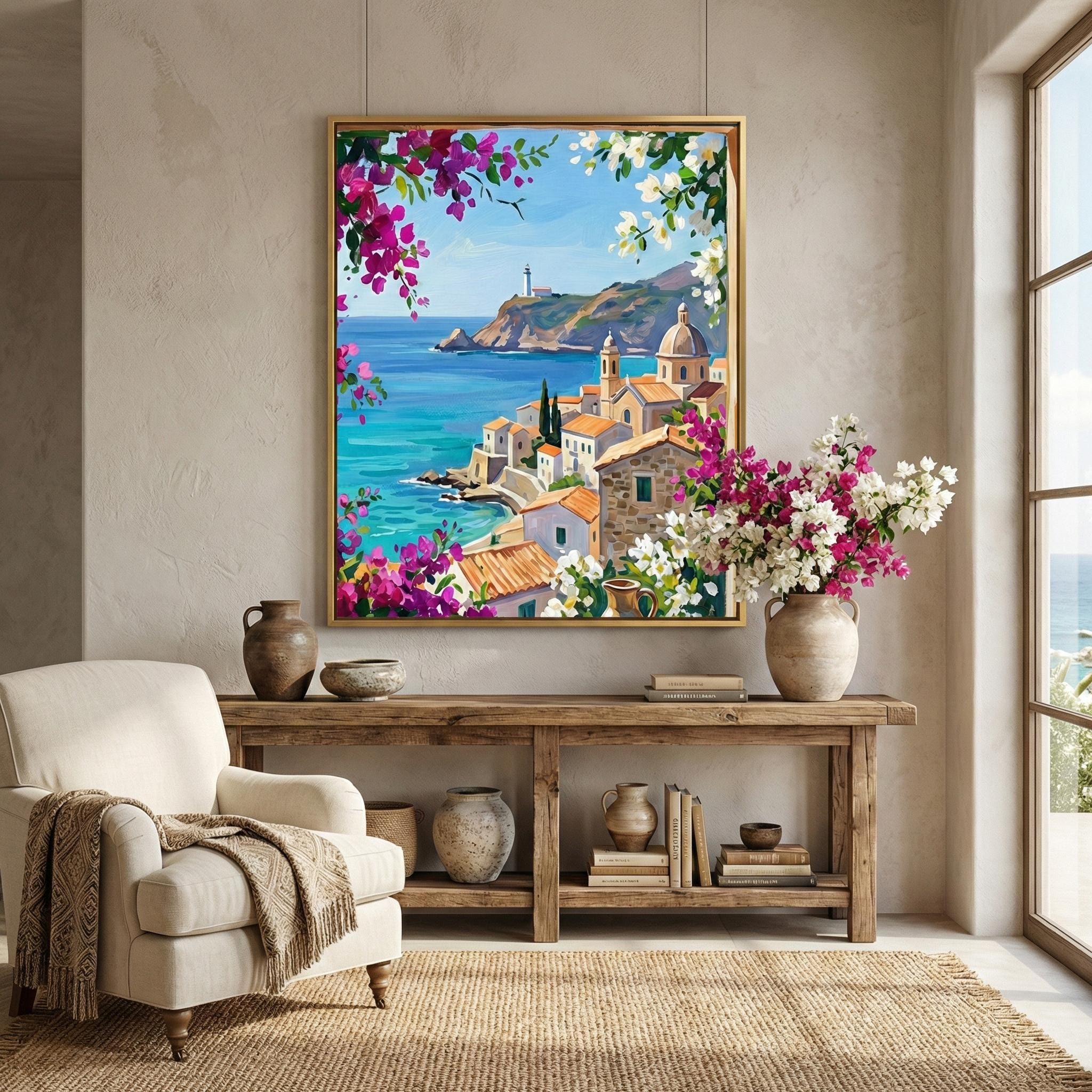 Mediterranean Coastal Art: Blue Shutters and Sea View (Canvas or Paper)