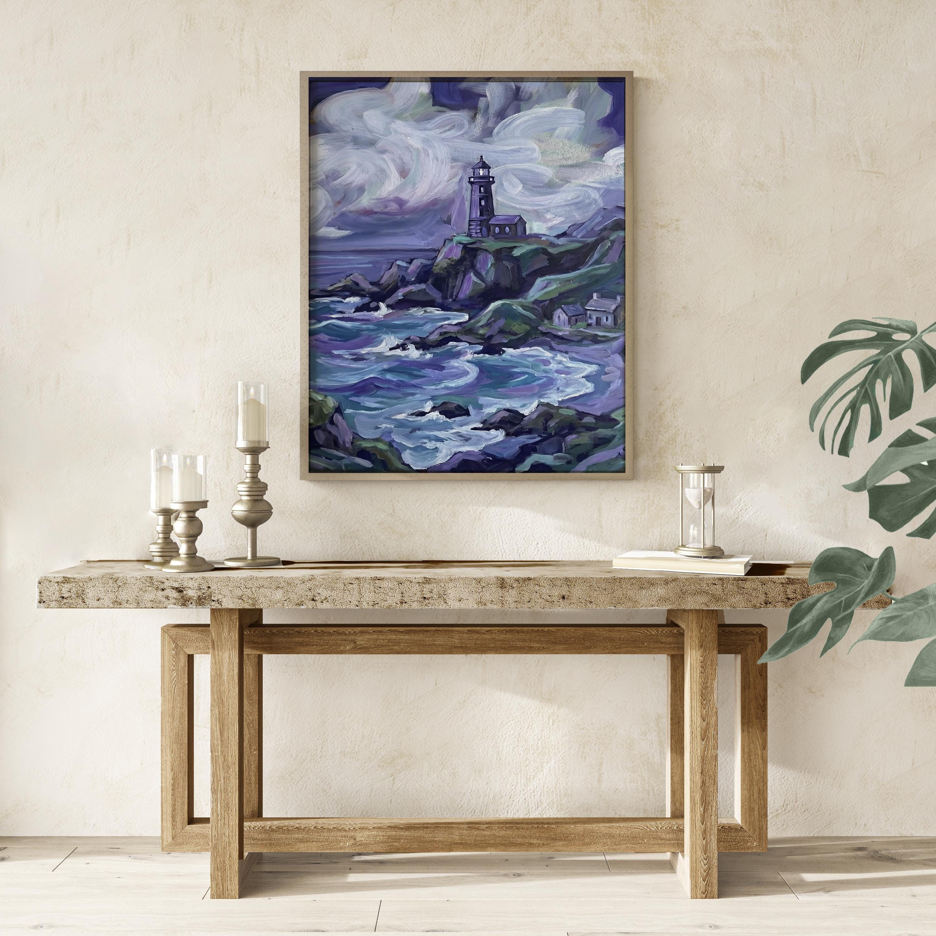 Fantasy Lighthouse Canvas, Purple Ocean, White Deer (Ready to Hang)