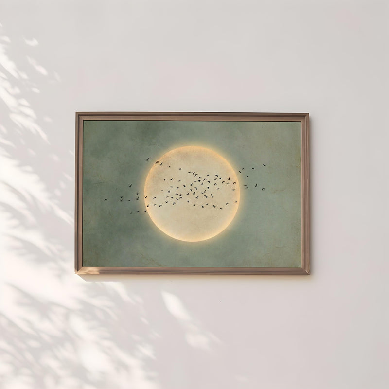 Vintage Bird Flock Print - Sage Green Moon, Minimalist Decor
