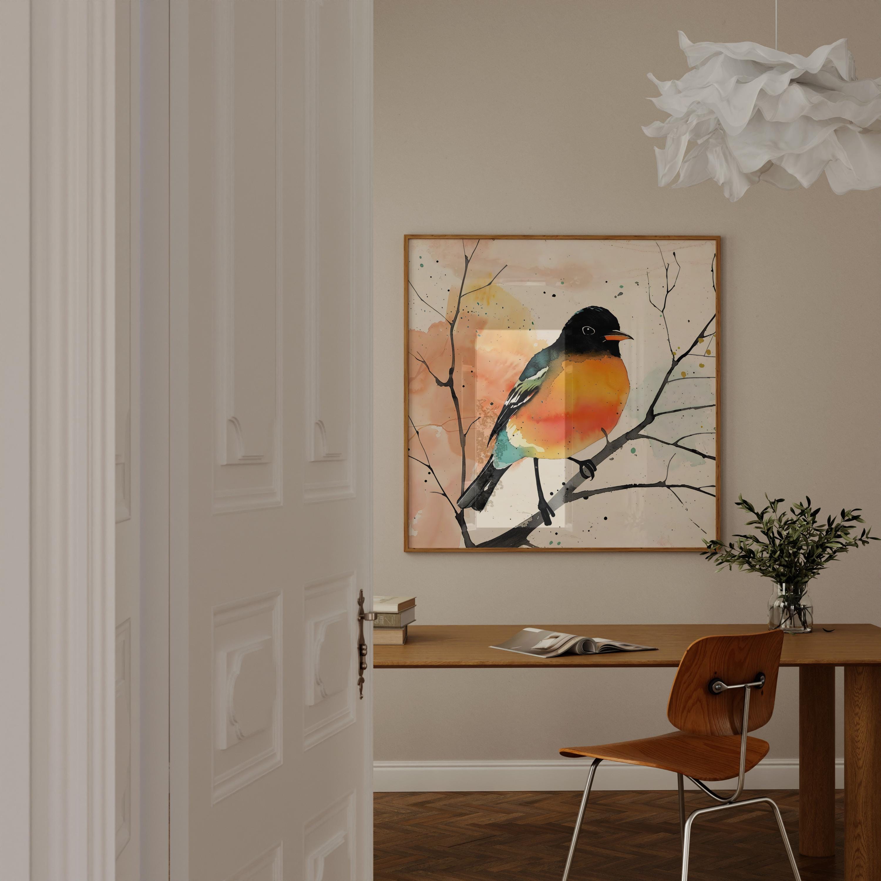 The Soloist: Vibrant Orange & Black Bird Watercolor Art | Modern Abstract Wall Decor