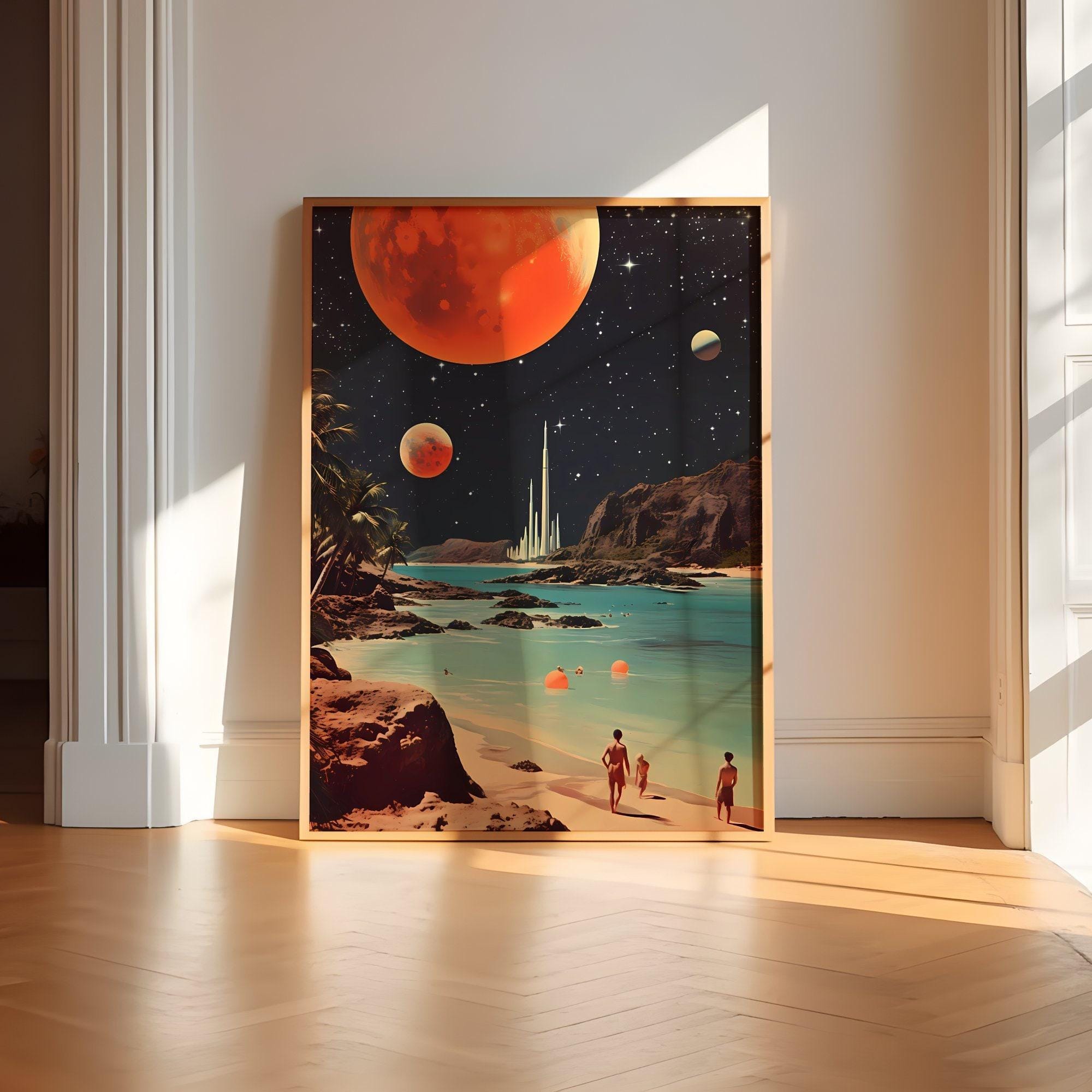 Space Beach Print: Sci-Fi Retro Art - Tranquil, Soft Hues