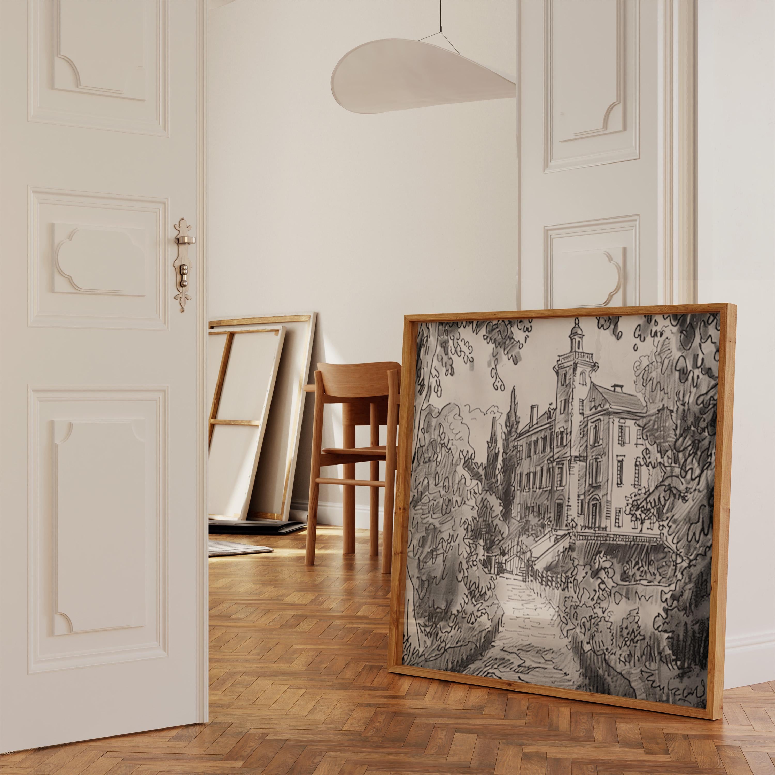 Timeless Elegance: Stately Manor House Ink Drawing | Classic Architectural Wall Art