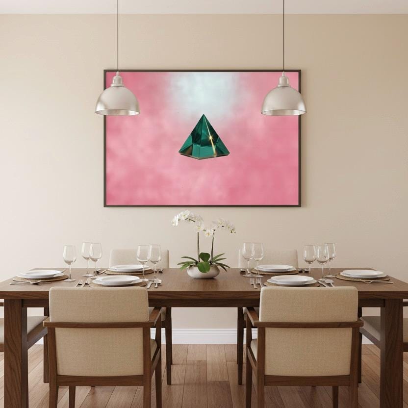 a modern dining room with a wooden table set for four, featuring white plates, silverware, and glasses. Above the table, a large framed picture of a green triangular object is displayed on the wall. Two pendant lights hang above the table, illuminating the setting.