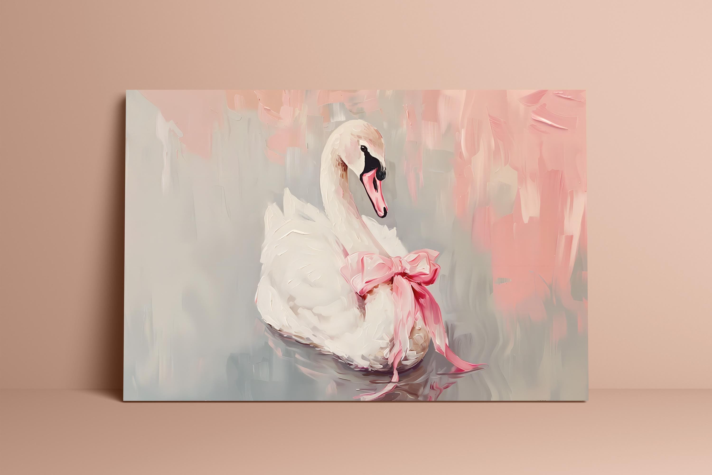 Ballerina Swan Art Print: Elegant Pink Bow, Soft Pastel Wall Decor