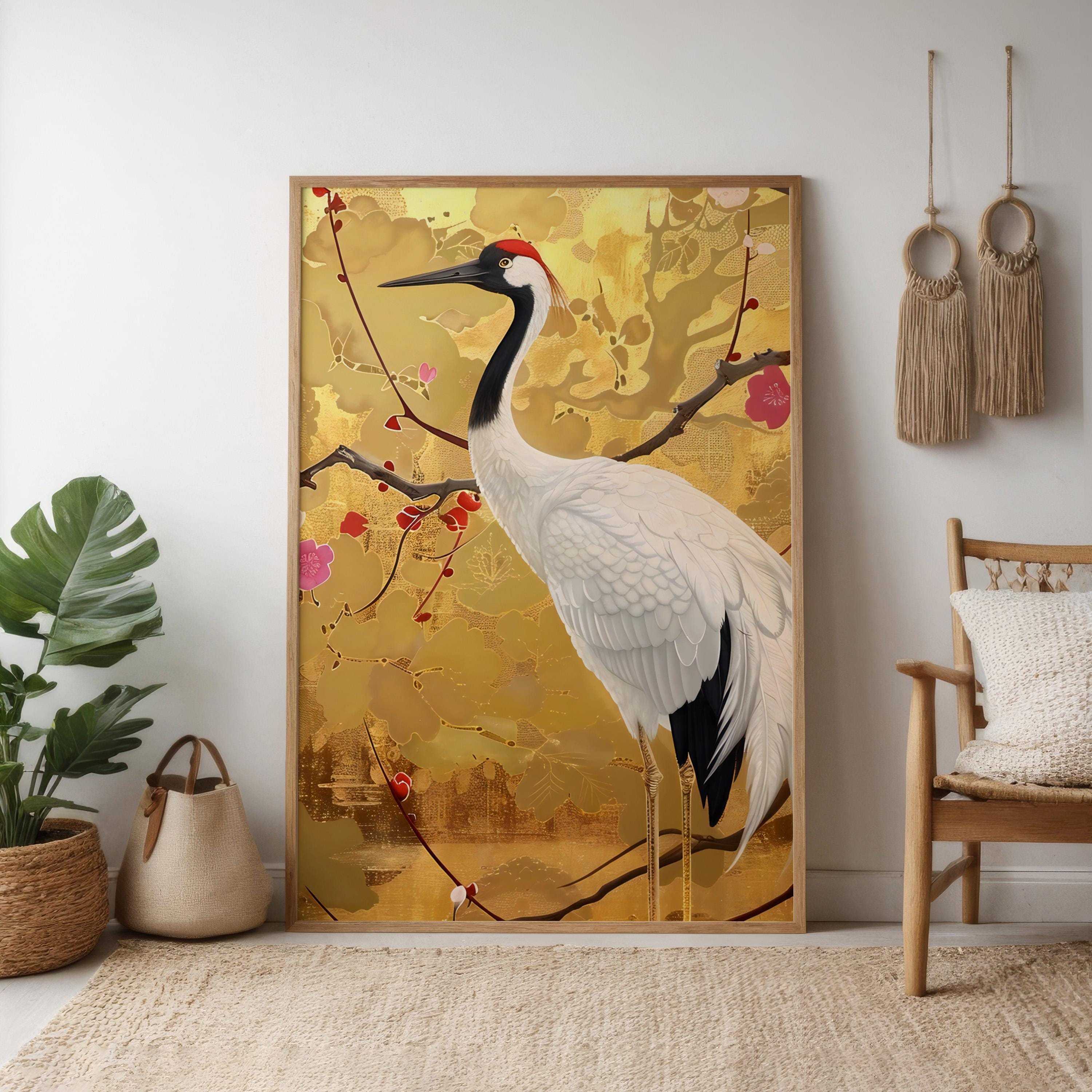 Graceful Crane Wall Art: Vibrant Floral Canvas with QR Code